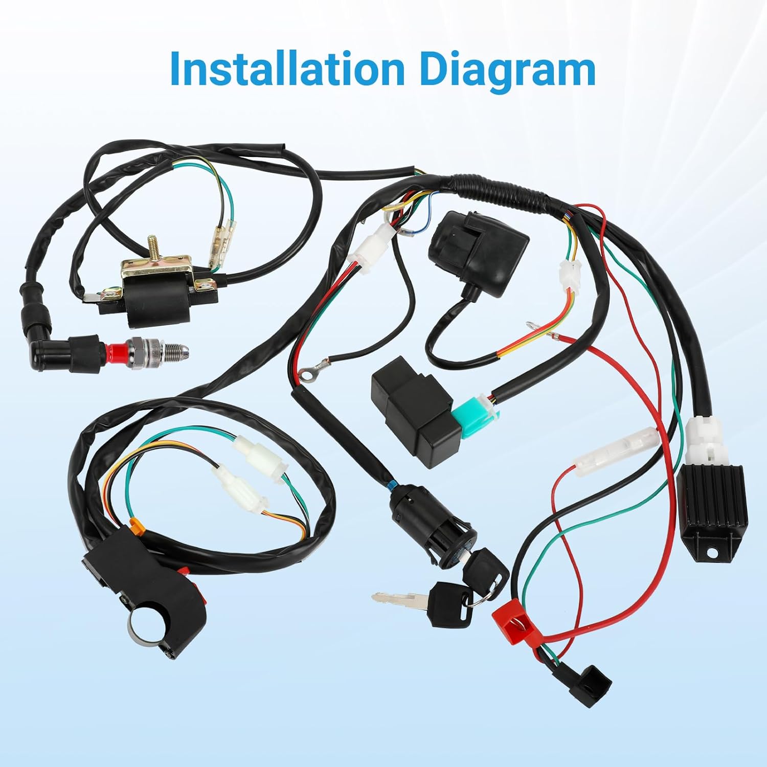EOPOAYI Pit Bike Wiring Harness Electric Start Compatible with 50cc 70cc 90cc 110cc 125cc 4-Stroke Engine TaoTao SSR 70 X-Pro Dirt Bikes ATV Quad 4 Wheelers Parts with Voltage Regulator Ignition Coil