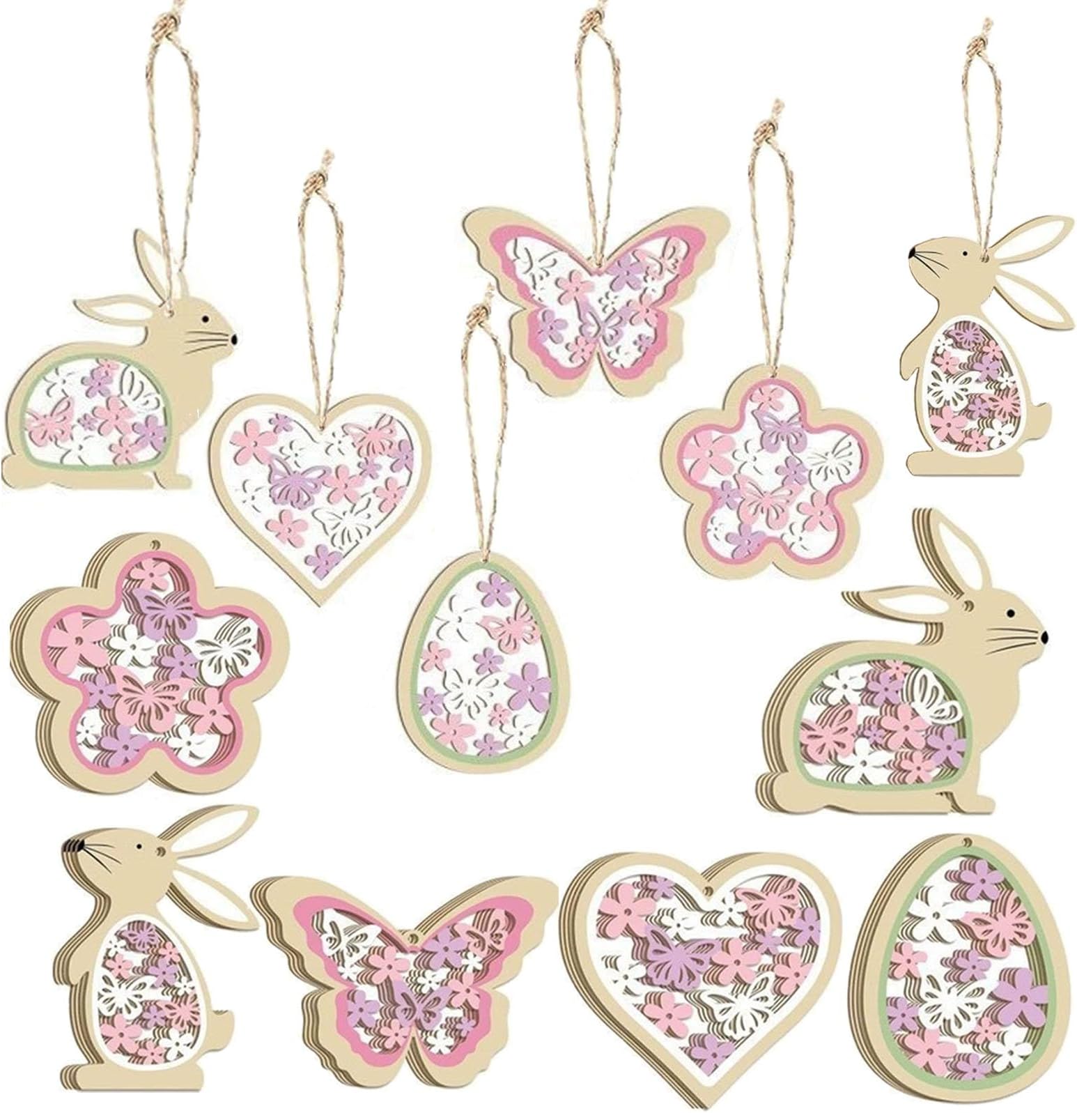 24PCS Easter Wooden Hanging Ornaments, Double-Sided Printed Easter Decoration Bunny Butterfly Flower Egg Heart Pendants, Spring Decor for Easter Tree Decor DIY Crafts Home Supplies (Pink)