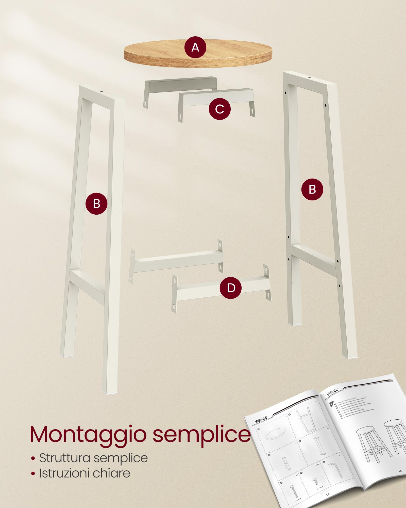 VASAGLE Set di 2 Sgabelli da Bar, Sedie da Cucina, Struttura in Metallo, Montaggio Facile, Alto 65 cm, con Poggiapiedi, per Cucina, Soggiorno, Sala da Pranzo, Beige Rovere e Bianco LBC032W09