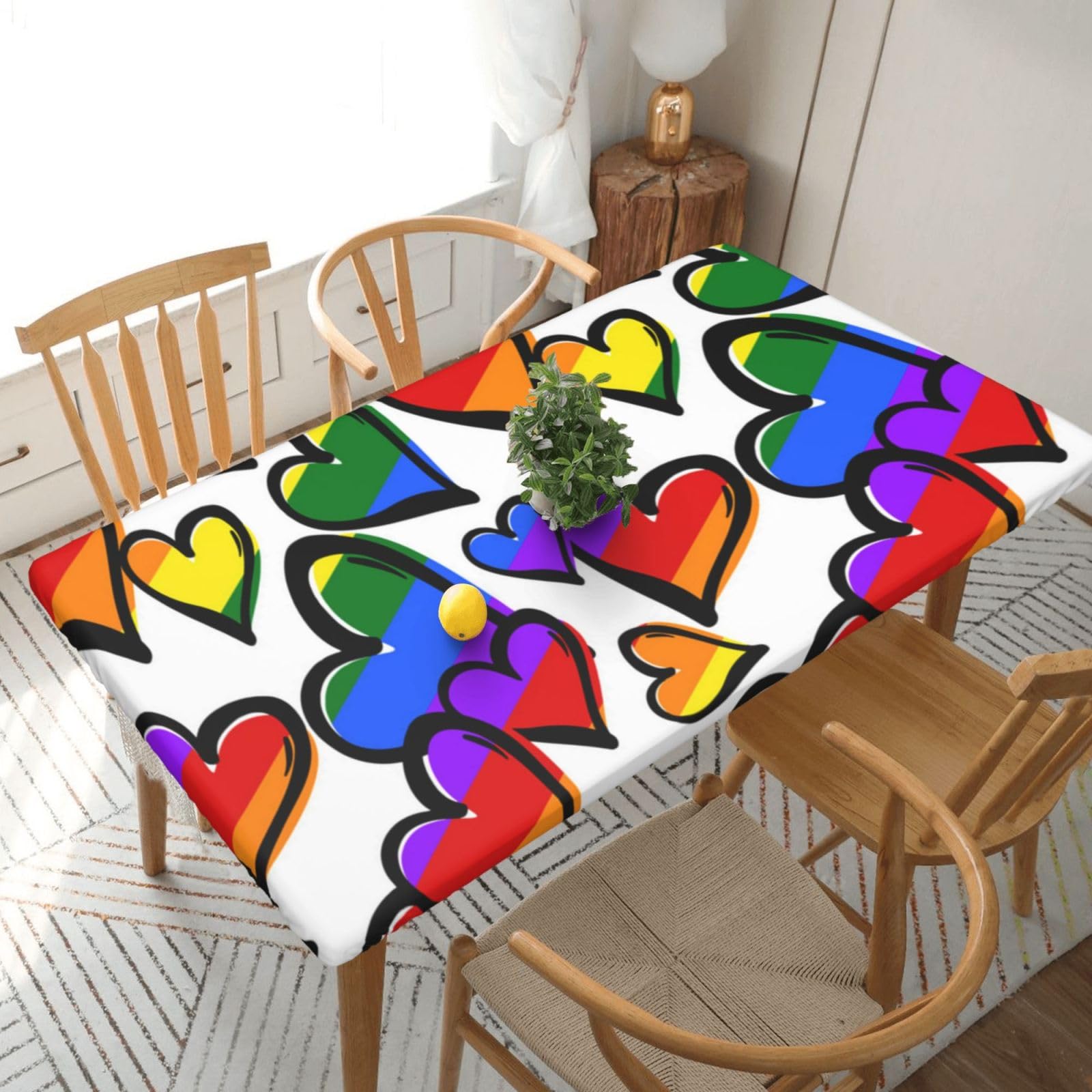 BNVSADC Rainbow Colored Gay Pride Hearts Printed 5FT Tablecloth Polyester Kitchen Water Resistant Table Cloth Dining Table Decoration Table Covers, 152x76 CM