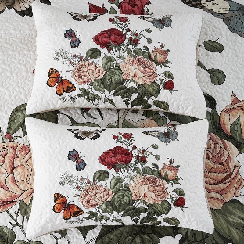 Boho Floral Spring Quilt Set Queen 3 Pcs Butterfly Rose Flower Bedspread Comforter Soft Lightweight Microfiber Bedding Set with 2 Pillow Shams for All Season (Butterfly Rose, Queen) - Image 5