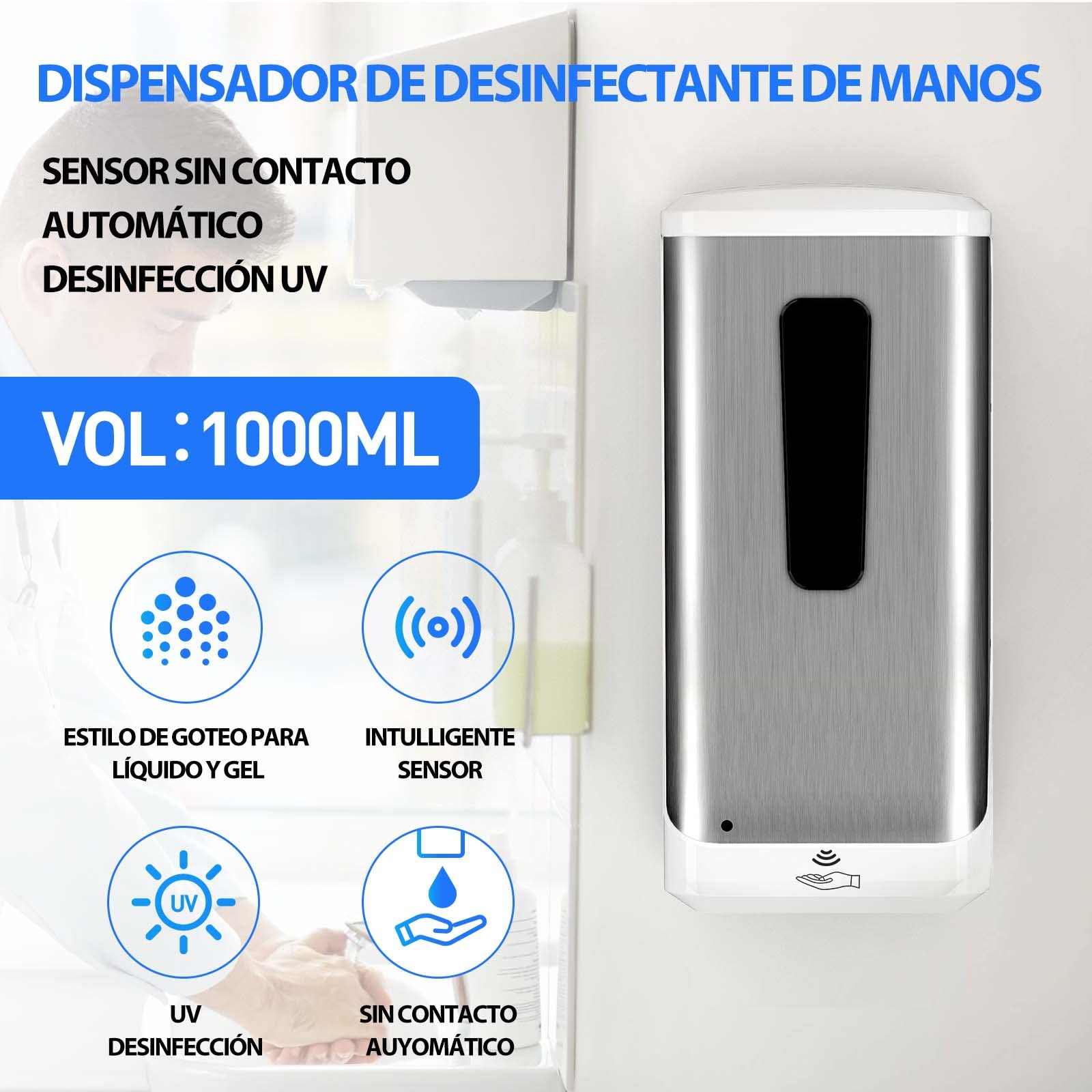 Dispensador de jabón automático de 1000 ml, dispensador de jabón automático de Pared para el hogar, Cocina, Hotel, Oficina, Restaurante, instalaciones de Salud