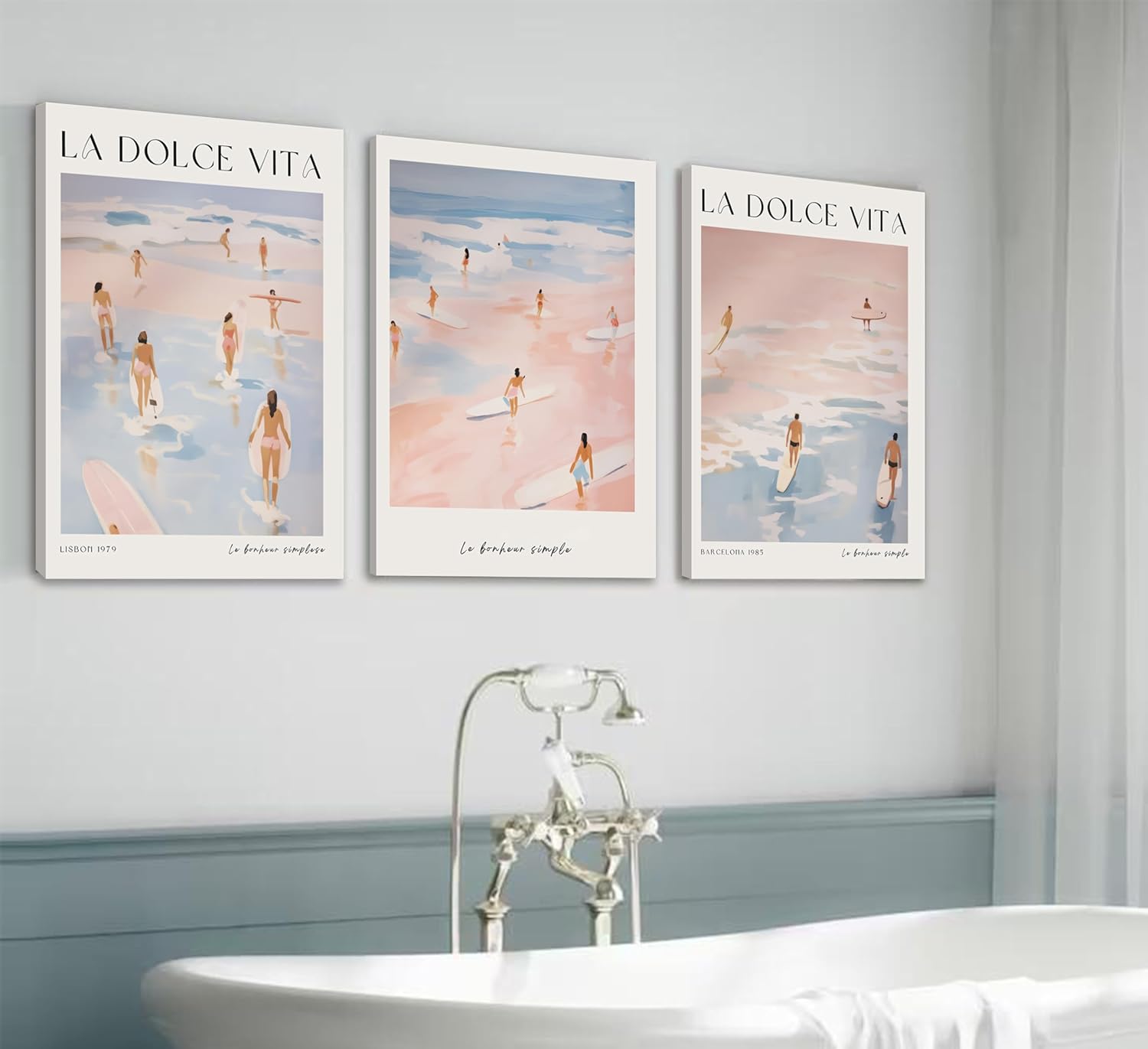 3Pcs Blue and Pink Coastal Canvas Wall Art Watercolor Preppy Surf Painting Picture Wall Decor La Dolce Vita Surfing Summer Beach Poster Print Artwork for Girl Dorm Livingroom Bedroom Home Decoration - Image 2