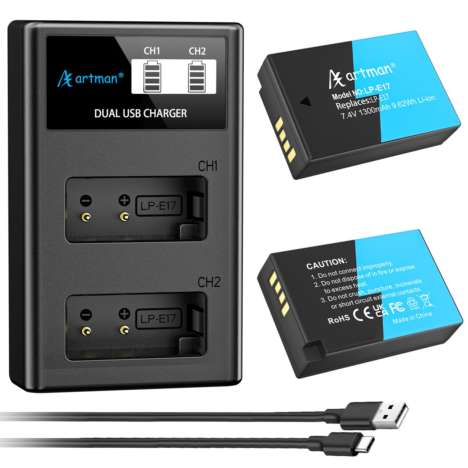 Artman LP-E17 Battery 2-Pack and Upgraded Dual LCD LP E17 Battery Charger for Canon EOS R100 R50 R10 R8 RP, Rebel T8i T7i T6i T6s, Powershot V1, SL2 SL3 M3 M5 M6, 77D 200D 250D 750D 760D 800D 8000D