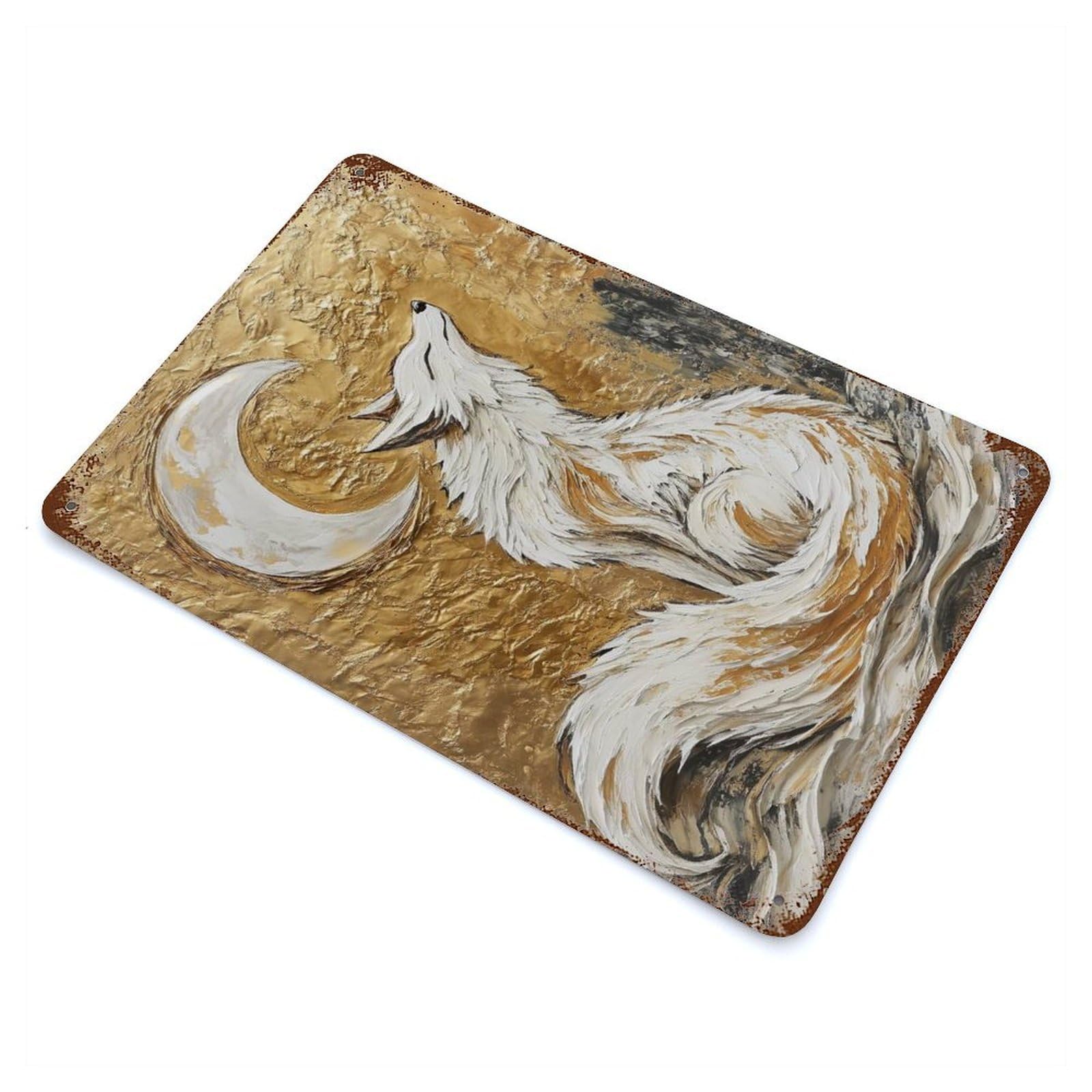 Fox Under Crescent Moon 11.8"x7.9" Aged Metal Wall Plaque, Retro Wall Decor for Farmhouse, Kitchen And Entryway Decor