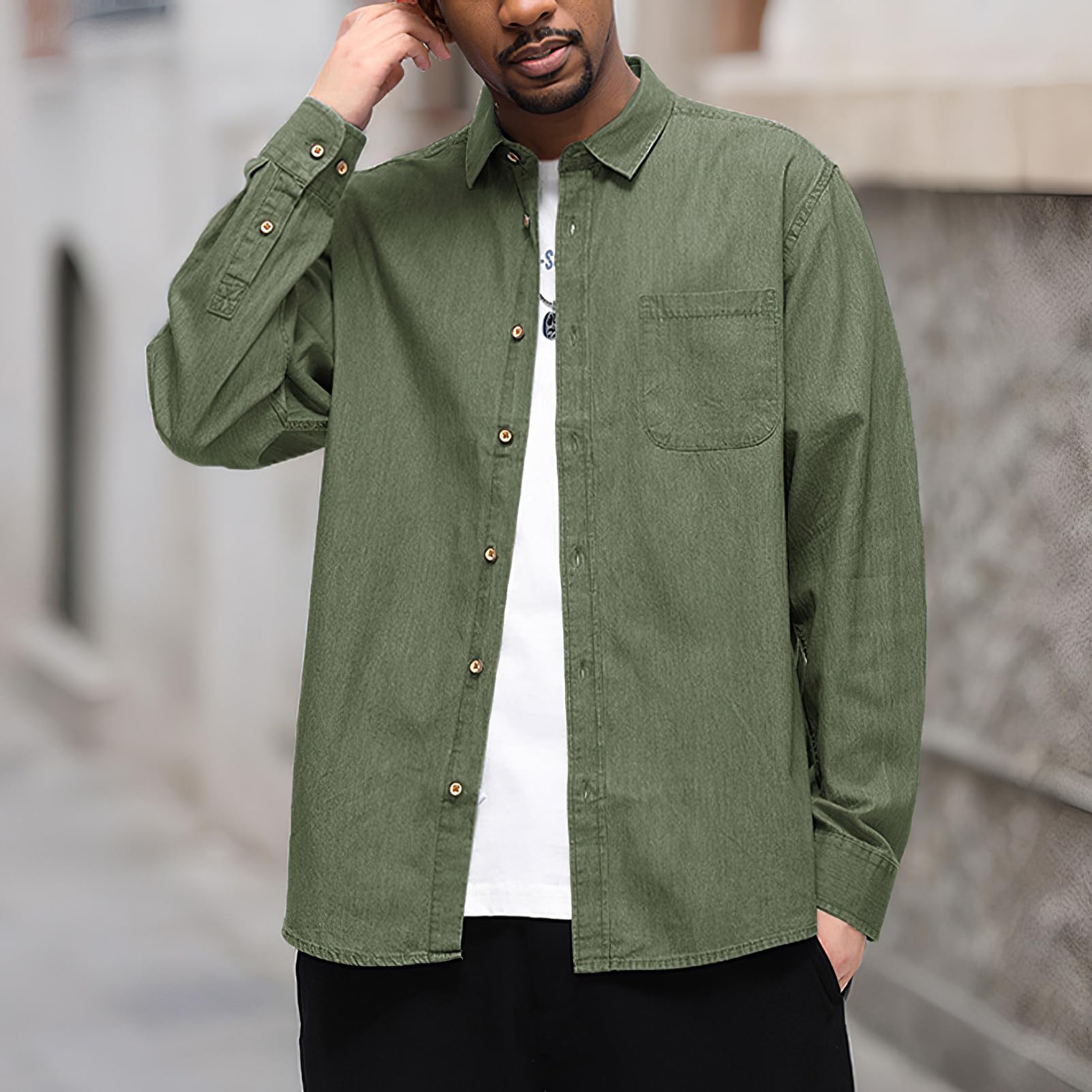 Hombre Algodón Camisa Vaquera de Manga Larga con Botones Informal