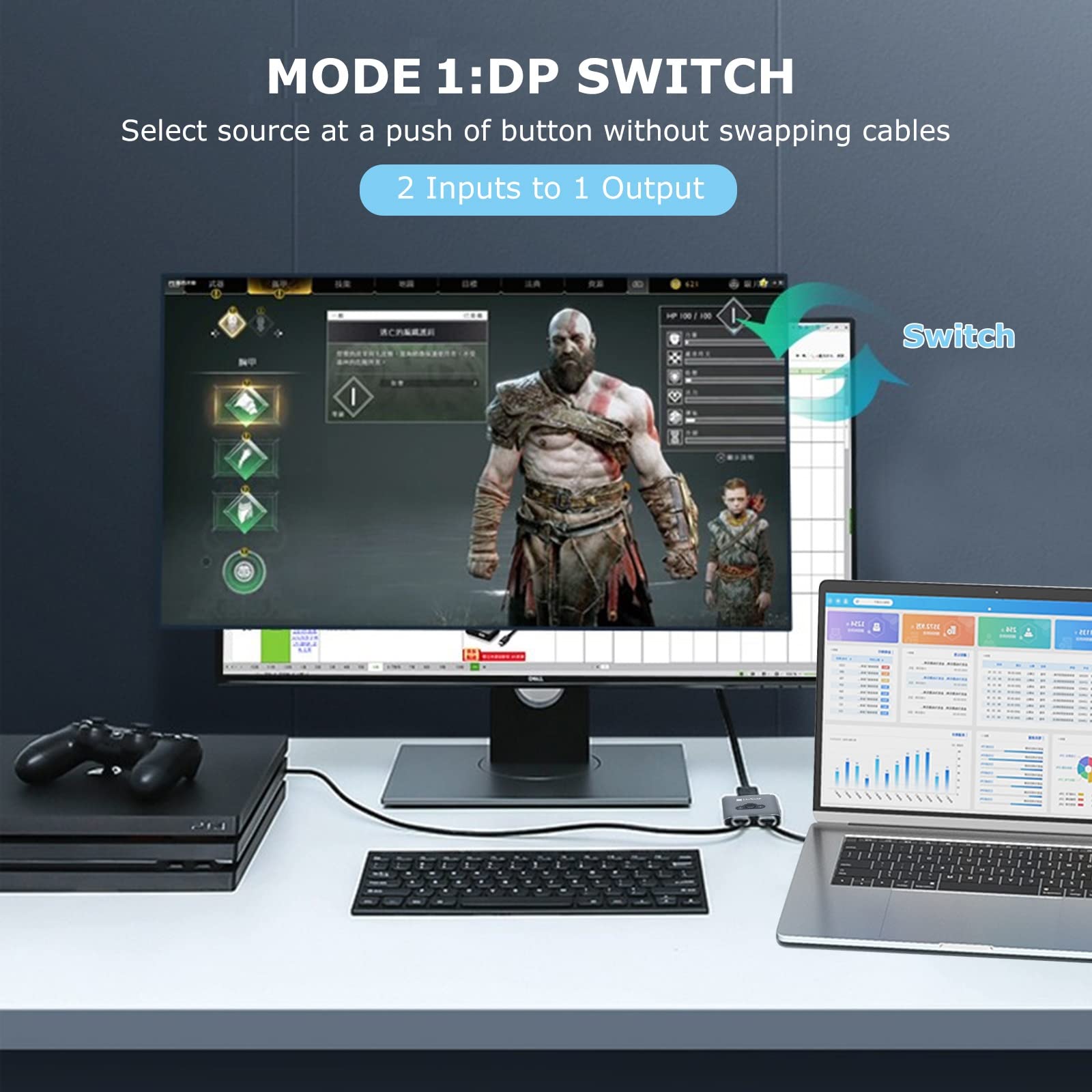 LinSeek Displayport Switch 2 in 1 Out 4K@60Hz Display Port Switch Displayport Switcher DP 1.2 Bi-Directional 1 in 2 Out Switcher Compatible with TVs Monitors Laptops PC Projectors etc