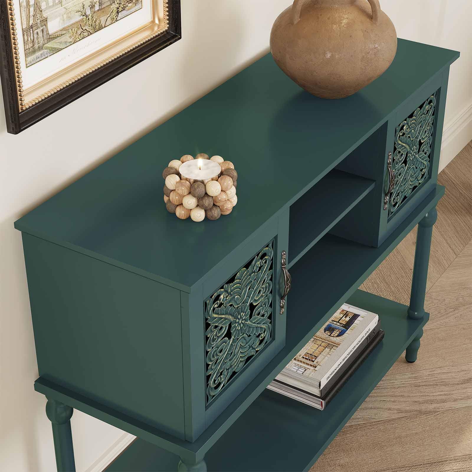 HOLTICO Mesa Consola,Mesa Auxiliar,con Almacenamiento,con 2 armarios de Estilo clásico,Compartimentos Abiertos,Patas de Madera Maciza,para salón,Entrada,Pasillo,107x36x86 cm,Verde