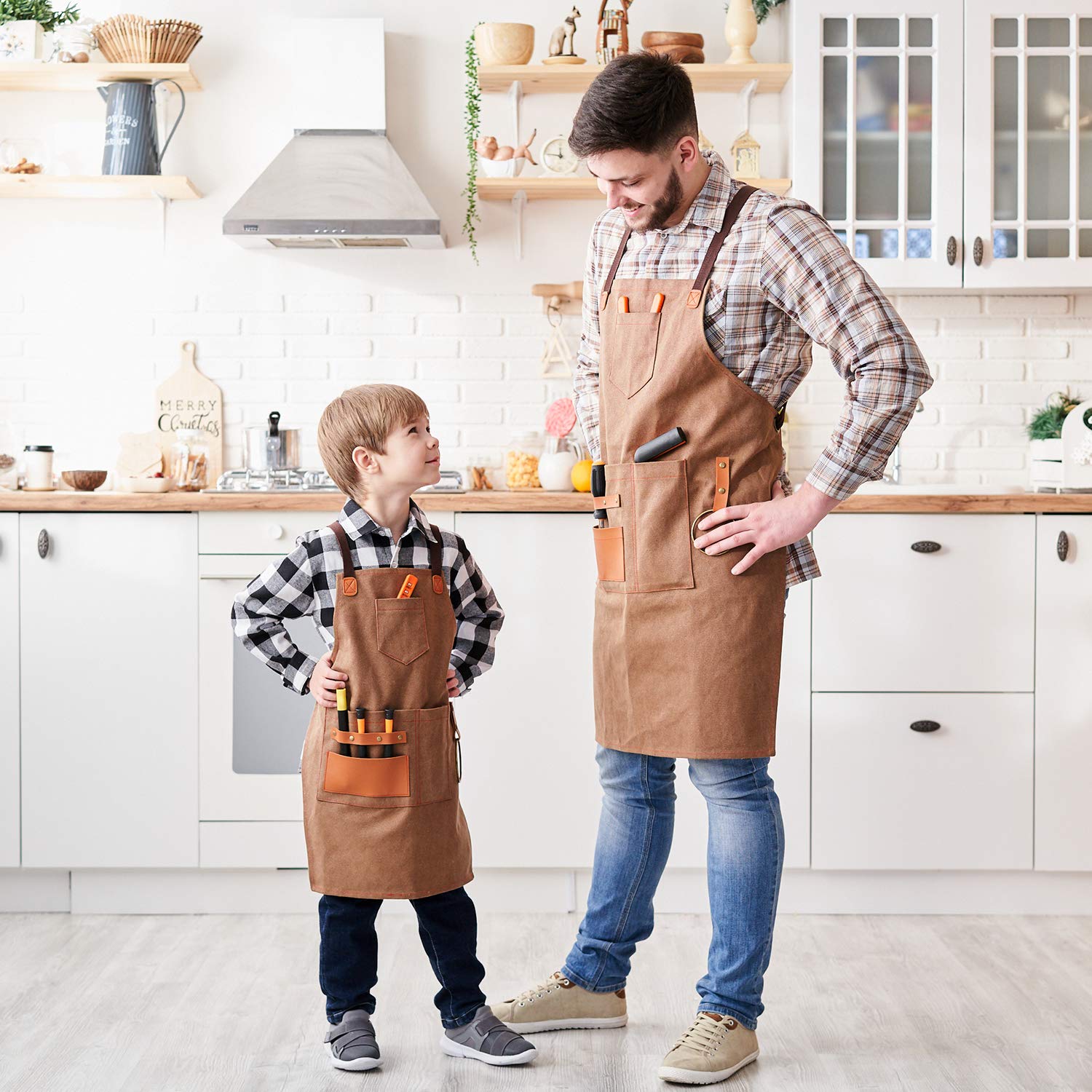 NEOVIVA Tablier de travail avec poches, tabliers de travail du bois pour enfants, tablier d'outils en toile réglable M à XXXL avec dos croisé pour barbier, cuisine, jardin, poterie, garage, atelier