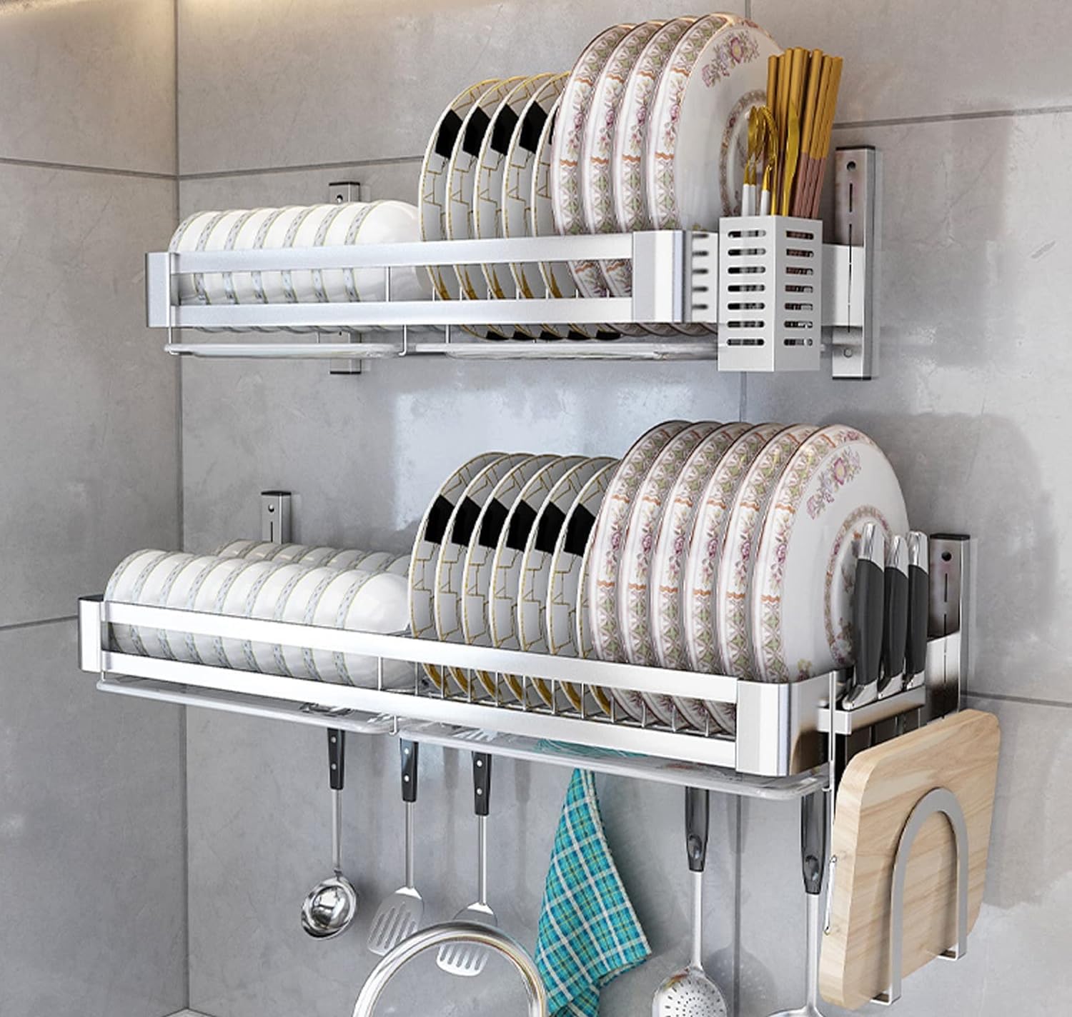 Escurridor de platos montado en la pared, organizador de cocina de acero inoxidable con estante para cubiertos y soporte para tabla, diseño que ahorra espacio