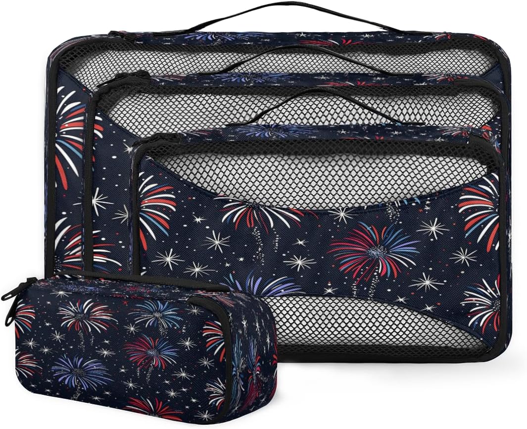 Colorful Art Fireworks 4 Set Packing Cubes Packing Cubes for Women Lightweight Travel Essential Bag Clothes Carry on Suitcase Bags for Accessories Essentials