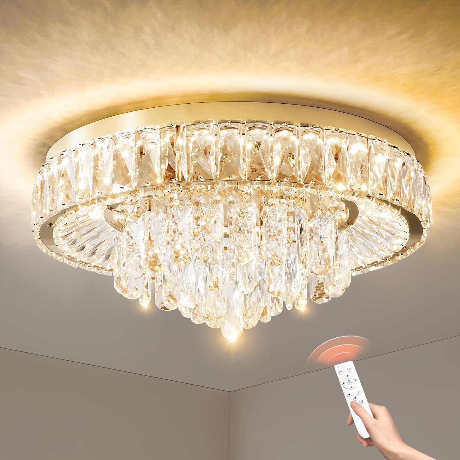Modern LED Ceiling Crystal Chandelier: K9 Crystals Light With Remote For Dimmable - 20" Gold Crystal Chandeliers Flush Mount Ceilings Light Fixtures For Dining Room Bedroom Entryway Living Room