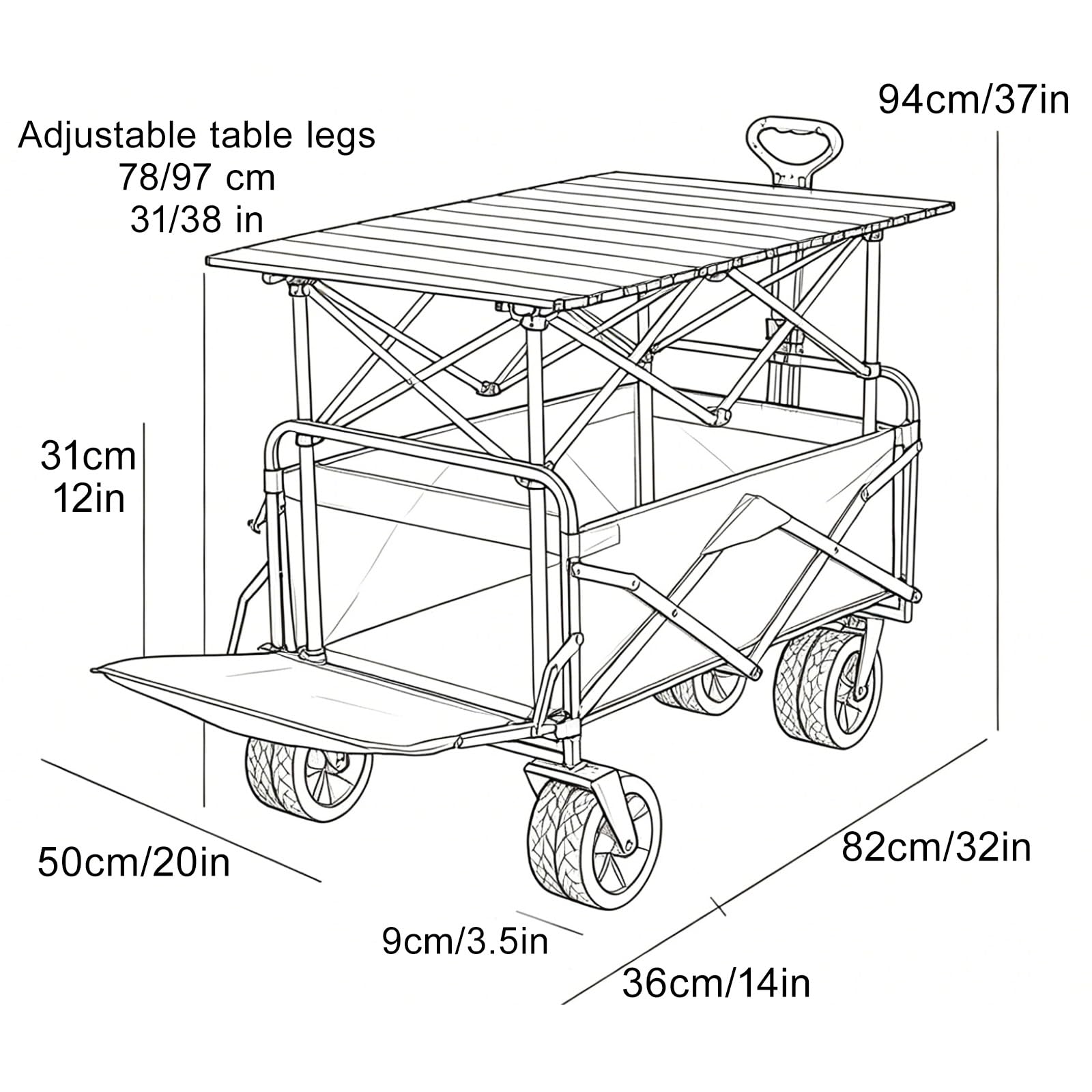 Carrello Pieghevole con Tavolo Carro Attrezzi Robusto Campeggio Giardino | Carrello Pieghevole con Tavolo Carro Attrezzi Robusto con Sponda per Mercatini Campeggio Giardinaggio(Black)