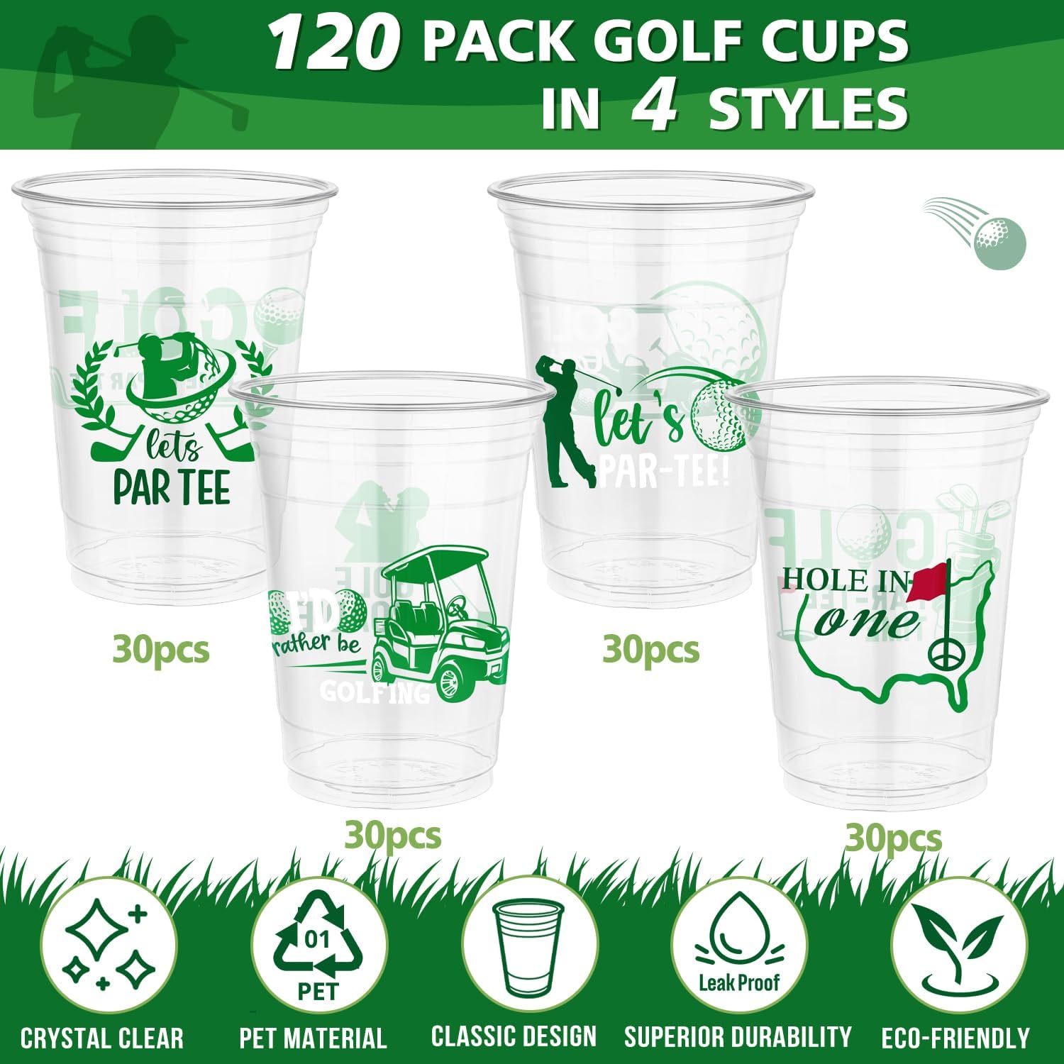 120 16 Oz Golf Disposable Plastic Cup Transparent Green Lightweight Classic Round for Home Golf Themed Holiday Birthday Bachelor Party Tournament Country Club Event Favor Supply Decoration