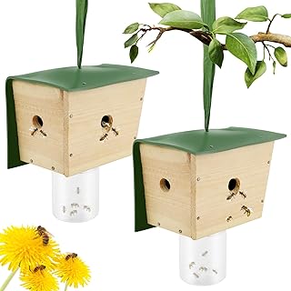 Fanomini 2 Pack Bee Trap with Bottle Nature Wooden Bee Trap House for Outside Wood Rustic Bee Trap Carpenter Easy to Use Bee Catcher Trap Portable Carpenter Bee Catcher for Outdoor Yard 6.3×5.9×3.9in