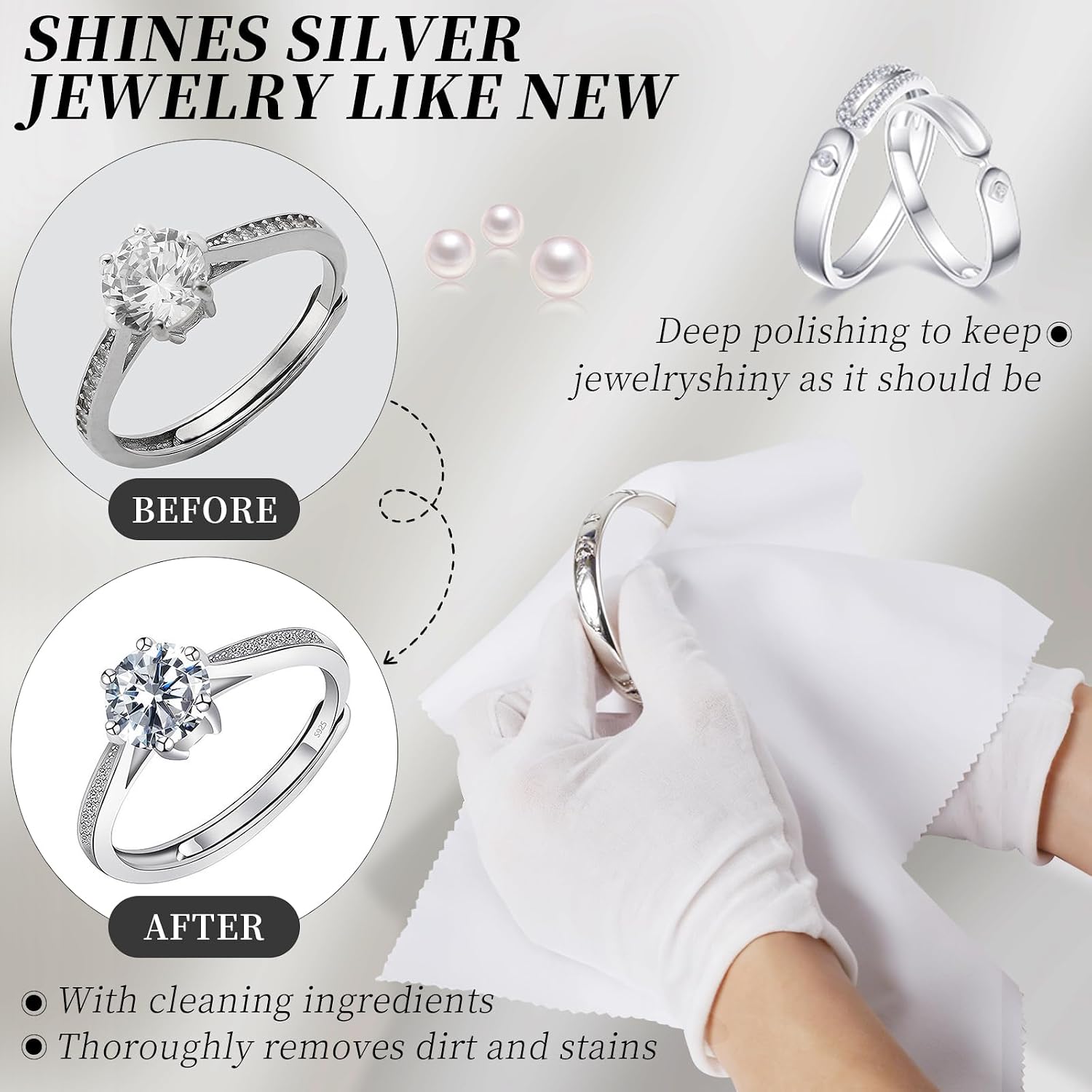 Silver Polishing Cloth, Jewelry Cleaning Kit, 10PCS Cleaning Polishing Cloth 2PCS White Cotton Gloves, Jewelry Cleaner Cloth for Sterling Silver Jewelry, Gold, Platinum, Silverware, Diamonds, Gemstone