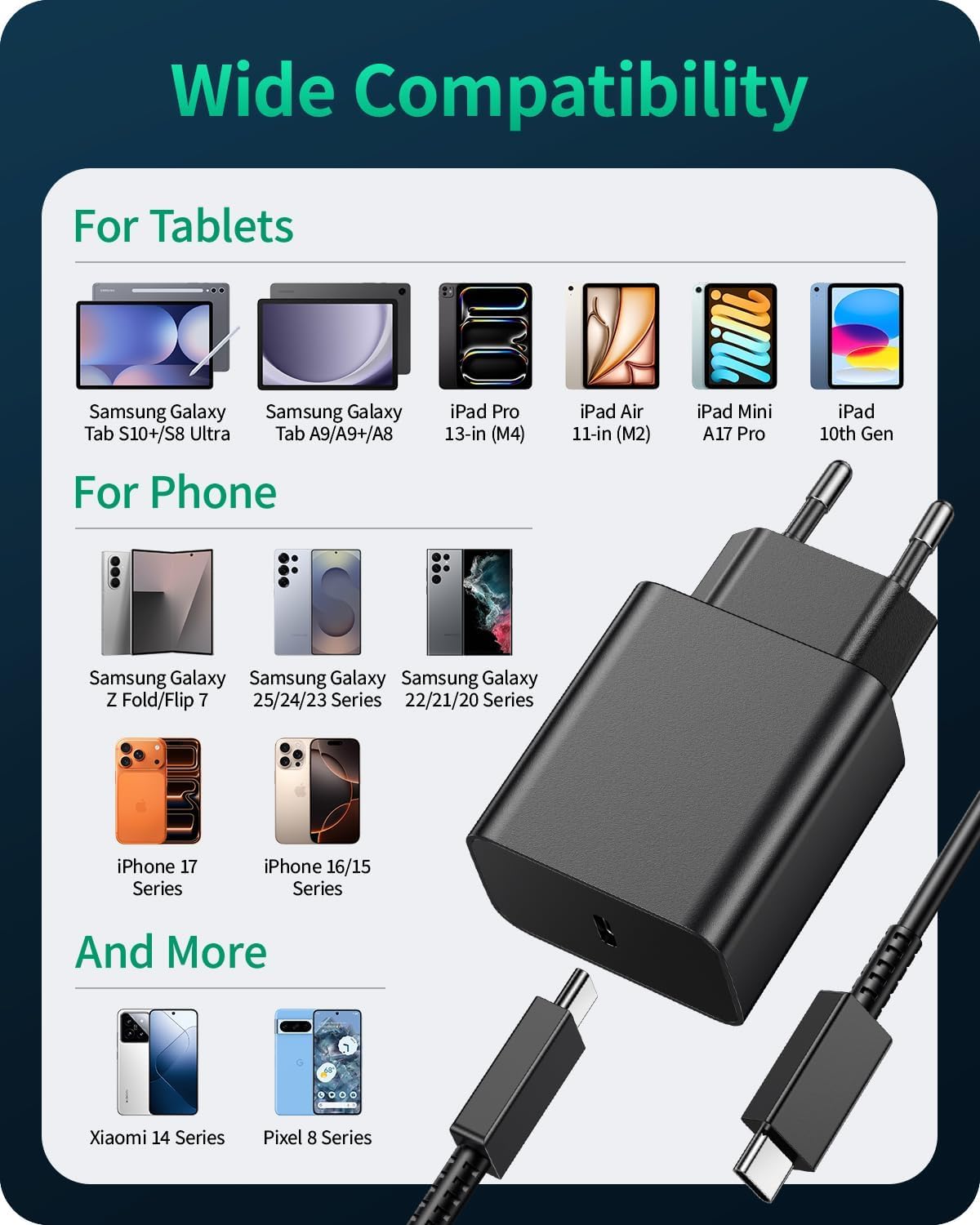 45W Cargador USB C 2Pack, Cargador para Samsung Carga Rapida Compatible con Samsung Galaxy S25 Plus Ultra/S25+/S24/S23/S22/S21/S20/S10/Note20/10/A73/A53 con 2M Cable, Tipo C Enchufe Carga Adaptador — view 6