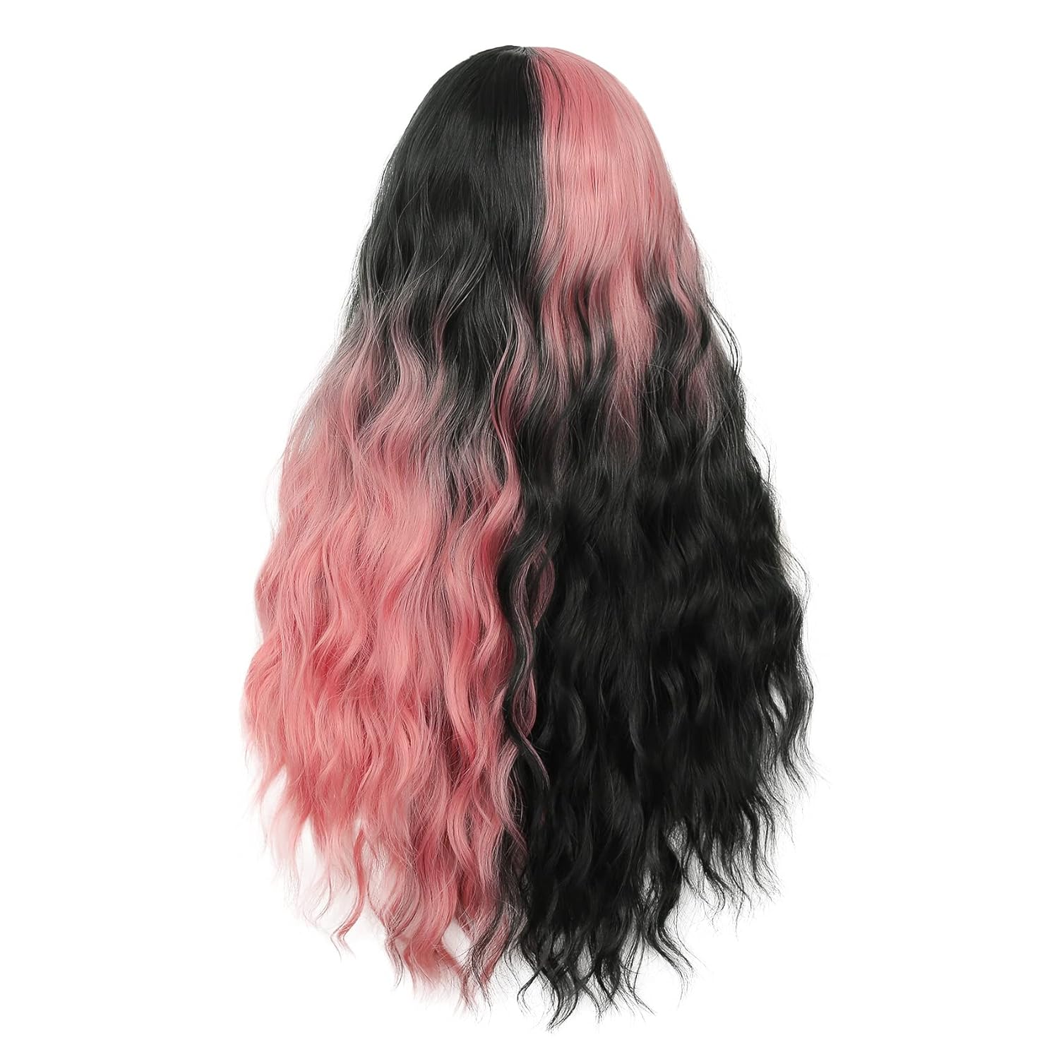 Swiking Half Pink Half Black Wigs for Women Long Curly Wave Synthetic Hair Heat Resistant Natural Full Wig for Daily Party Cosplay Halloween