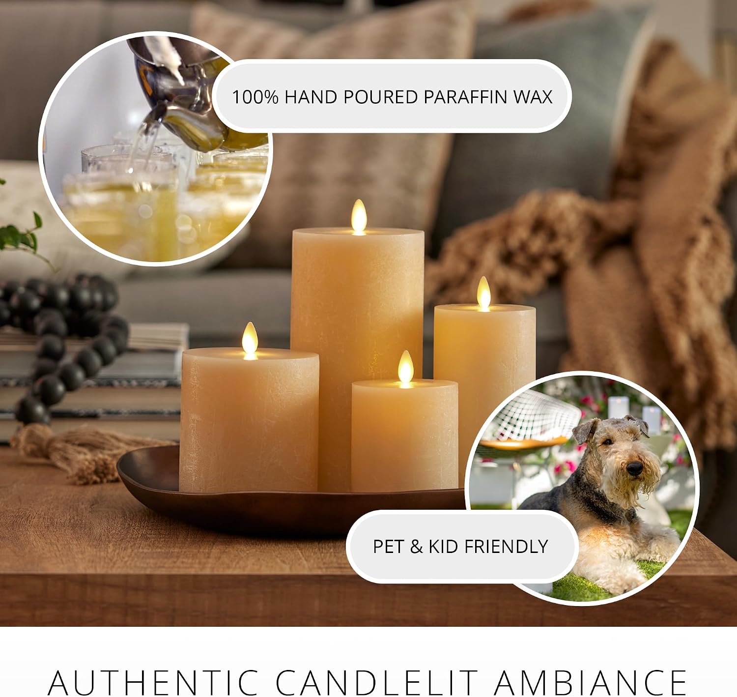 Luminara Seaglass Rechargeable Flameless LED Candle, Fog 3.8" x 8.6", Moving Flame Pillar Timer, USB Type-C Charging Cable, Unscented Real Wax