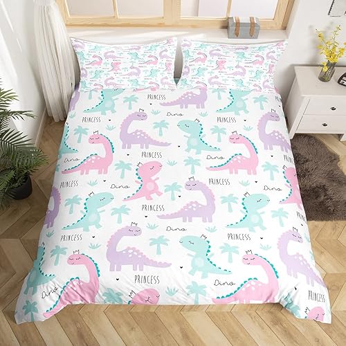 Juego de ropa de cama de dinosaurio para niñas, tamaño King, funda de edredón de dinosaurios rosados y morados, funda de edredón de dinosaurios