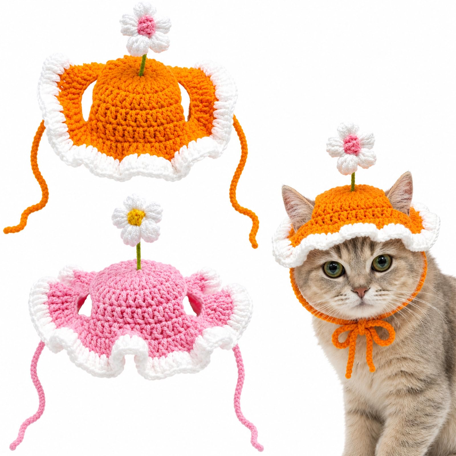 2 Pcs Cat Hat for Cats & Small Dogs, Crochet Flower Pet Cap | Pink and yellow crochet pet hat set for cats and small dogs, with soft ties for photos, birthdays and everyday cute outfits.-image-38