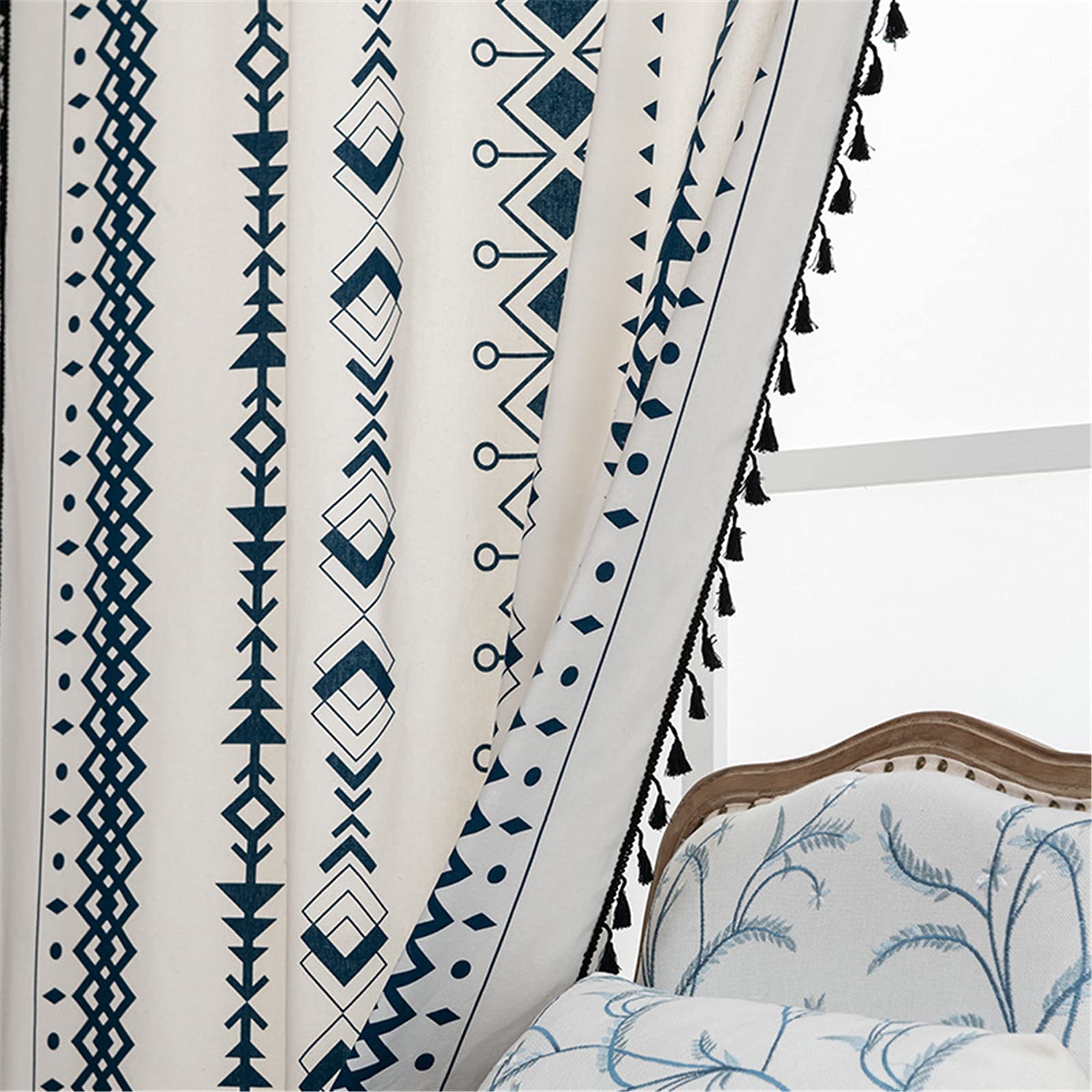 SWECOMZE 1 tenda in lino boho, effetto lino, con nappa, per soggiorno, camera da letto, motivo geometrico, tenda oscurante (stile B, 160 x 150 cm (A x L)