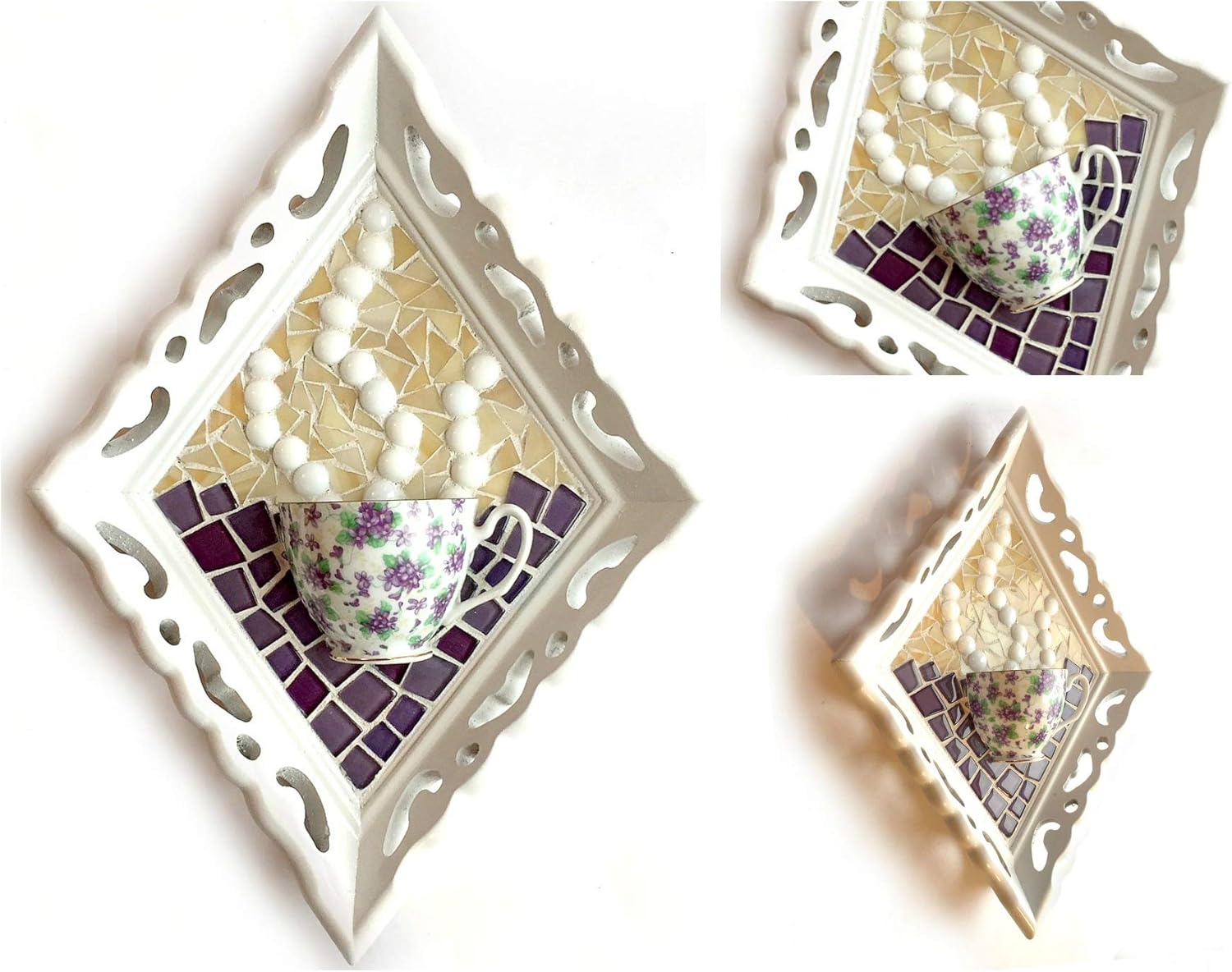 Mosaic TeaCup Art, Violet Flower Mosaic Coffee Cup Art, Framed Tea Coffee Mixed Media Art, Coffee Cup Art, Kitchen Teacup Art, Purple Violet