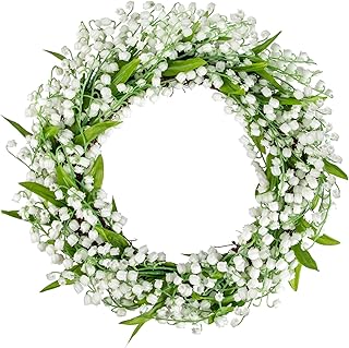 Briful Spring Wreaths for Front Door 16 Inch Artificial Lily of The Valley Flower Wreath White Floral Hanging Wreath for Home Wall Mantle Outdoor Porch Wedding Party Decor
