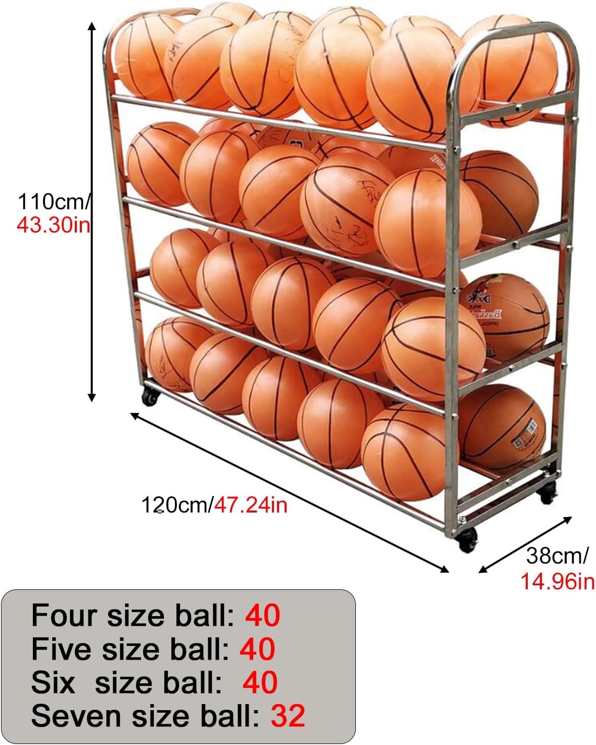 Heavy-Duty Floor-Standing Basketball Rack, Portable Double Row Ball Storage Cart with Wheels for Outdoor, Garage, School, Nursery - Large Capacity (120x38x110cm)