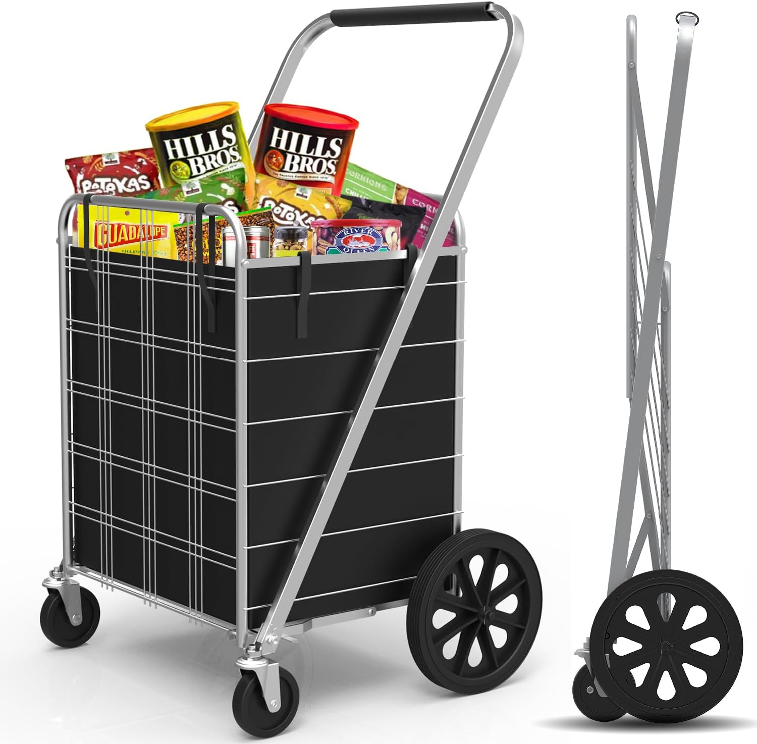 Jumbo Shopping Cart with Liner and 360° Swivel Metal Wheels, Foldable Utility Grocery Cart for Laundry, Luggage and Home, Heavy Duty Portable Shopping Cart, Up to 220 lbs (Silver)