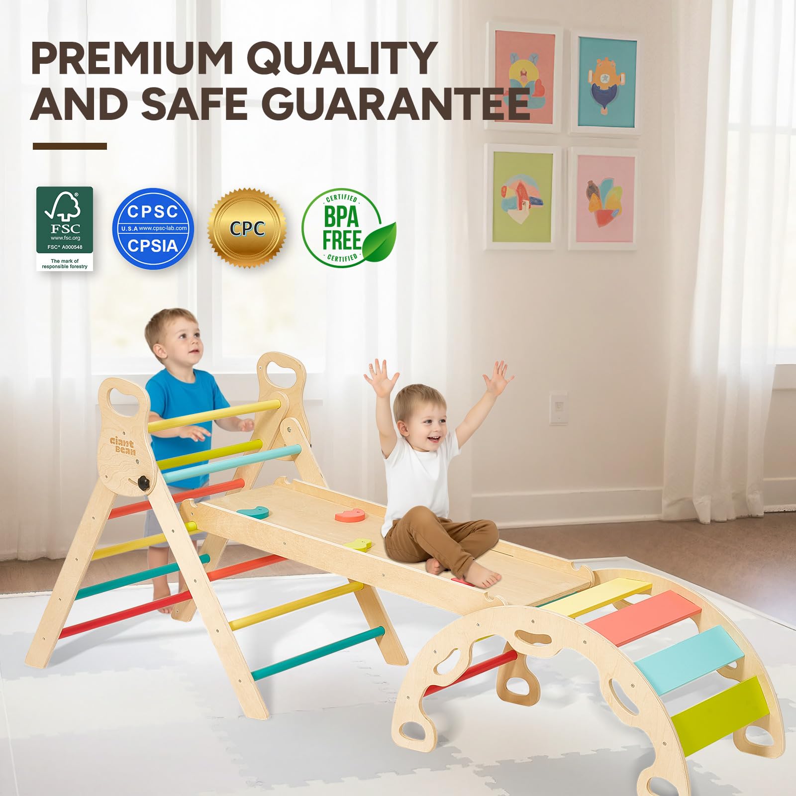 Giant bean 5-in-1 Montessori Kletterdreieck mit Kletterbogen und Rutsche, Holzdreieck für Kleinkinder ab 2-5, Indoor Kletterspielzeug, Regenbogen mit Griff, Hellbraun,