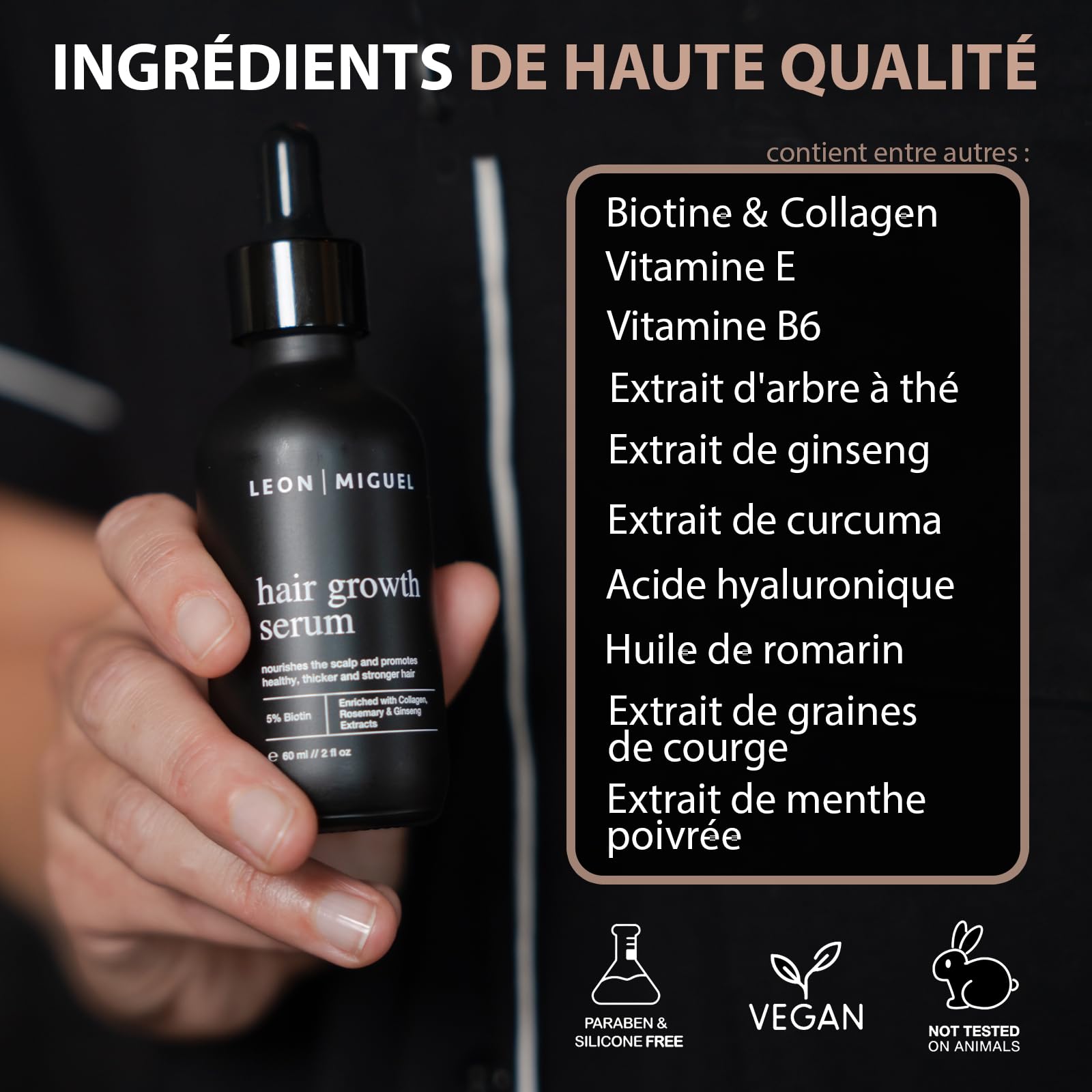Leon Miguel Sérum de Croissance des Cheveux - Biotine 5% et Ginseng pour Une Croissance Rapide - Empêche la Chute, Cheveux Plus Forts et Plus Épais, Sérum Anti-Chute pour Hommes