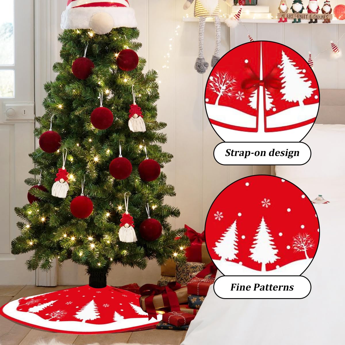 Falda Árbol Navidad Rojo, 120cm Pie Redondo, Cubre Pie Peluche Corto, Base para Fiesta de Año Nuevo, Vacaciones en Casa, Decoración