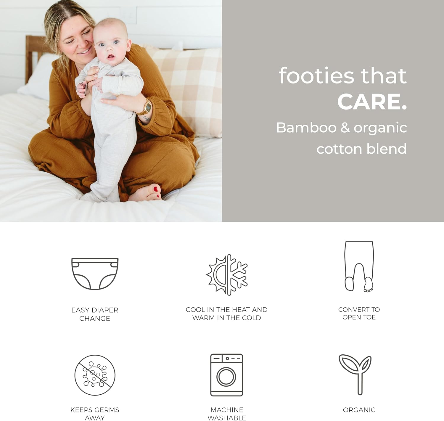 Goumikids Convertible Baby Footie Pajamas, 2-Way Zipper and Mitten Cuffs, Organic Cotton, 3-6 Months, Storm Gray - Image 7