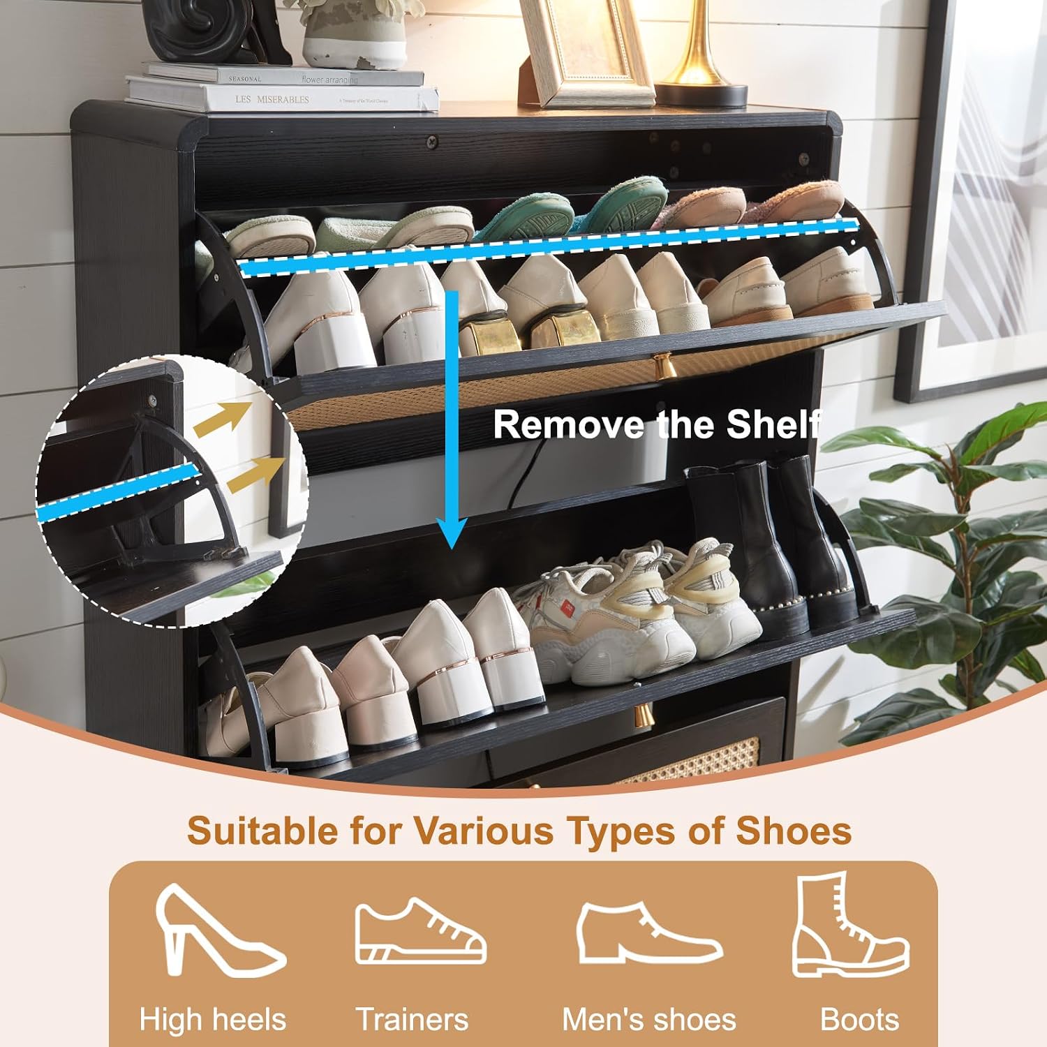 Rattan Shoe Cabinet with 3 Flip Drawers, Slim Shoe Storage Cabinet for Entryway, 24 Pairs Hidden Shoe Organizer with Adjustable Shelves, Boho Wood Shoe Rack with Curved Corners, Black