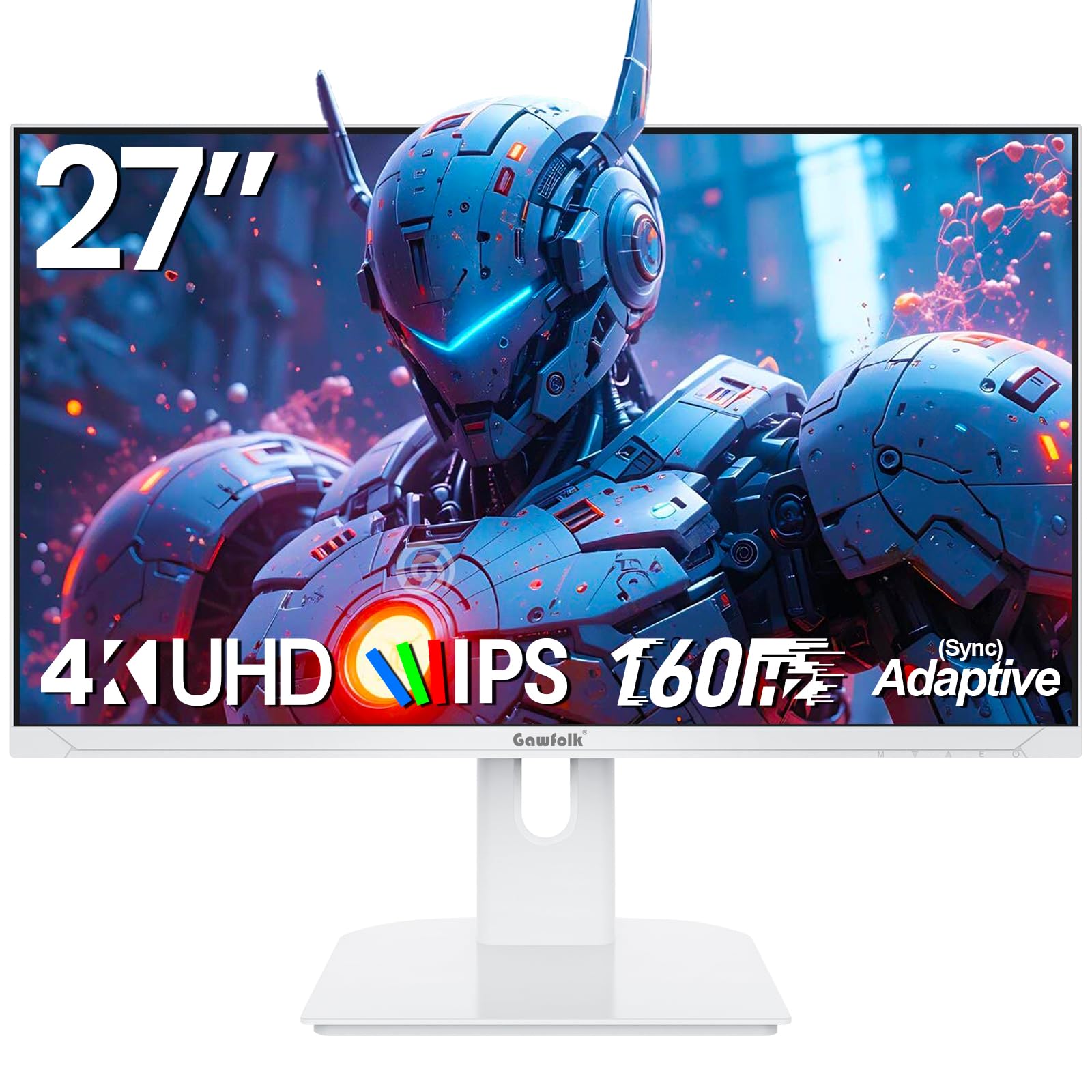 Gawfolk Gaming Monitor 27 Zoll UHD 4K 160Hz, Weiß IPS PC Bildschirm für Zuhause und Büro, Computerbildschirm mit FreeSync, HDMI, DisplayPort, 178° Weiter Betrachtungswinkel, unterstützt VESA 75*75MM