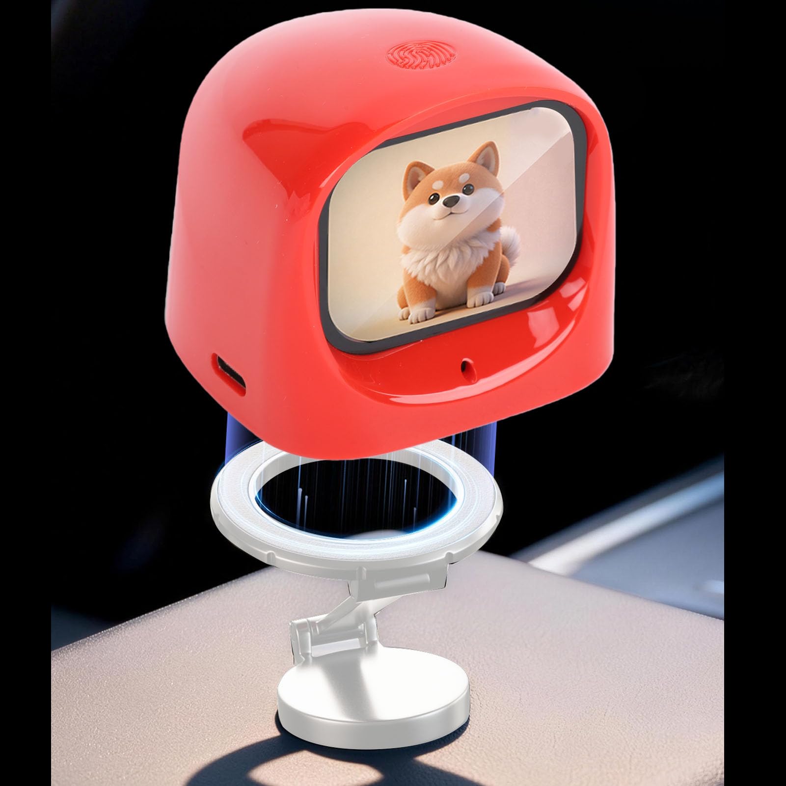 Robot na Desce Rozdzielczej Samochodu, Inteligentny Towarzysz AI z Uchwytem Magnetycznym i Animowanymi Wyrażeniami dla Dzieci, Połączenie Wi-Fi do Interaktywnych Rozmów i Pomocy (czerwony)