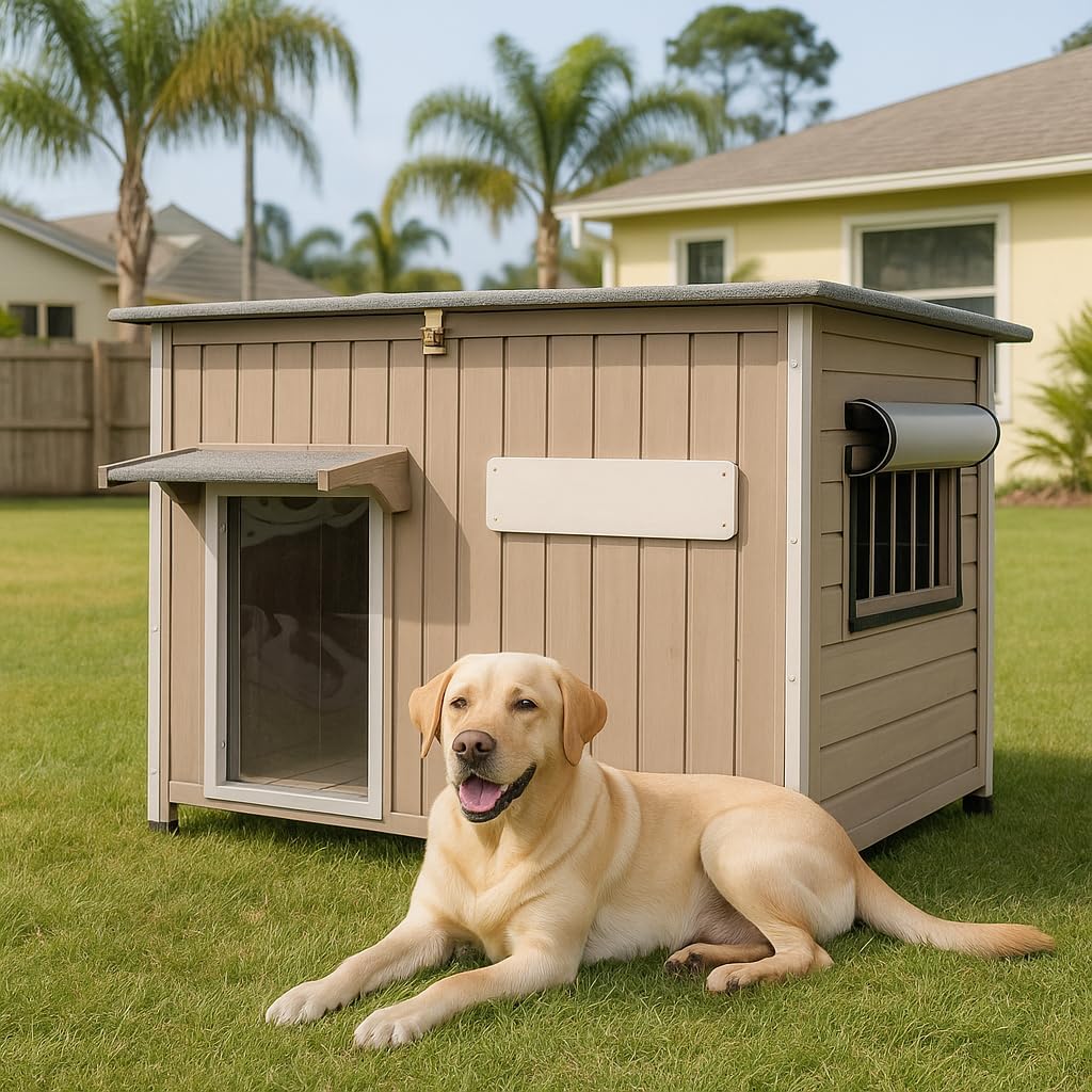 Gowoodhut Wooden Dog House Outdoor Weatherproof Dog Kennel with Chew-Proof Iron Frame, Removable Floor, Adjustable Vent Window, Easy Assembly for Medium Dogs (43" L x 30" W x 34" H)