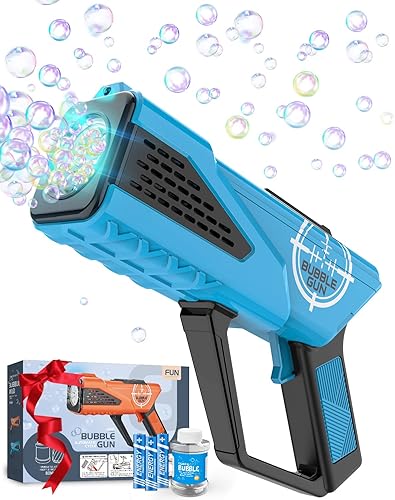 Boerfmo Pistola de burbujas Máquina de burbujas para niños Pistola de burbujas con varitas de 8 agujeros y luz LED, incluye solución de burbujas y