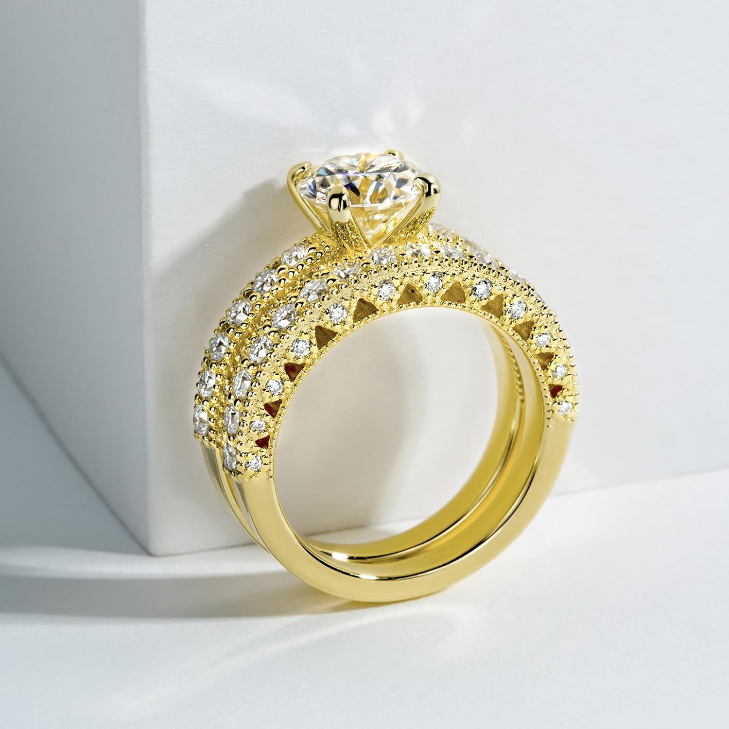 Idocare Main stones 1ct/2ct All Moissanite Rings Set for Women D Color Round Cut 14K Yellow Gold Plated 925 Sterling Silver