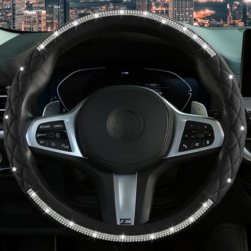 Diamond Steering Wheel Cover，with Bling Crystal Rhinestone, Delicate and Anti-Slip Sparkly Steering Wheel Cover ，Adaptable to 14.5-15 inches Car Wheel Protector for Women Girl，Car Accessories, Black - Black