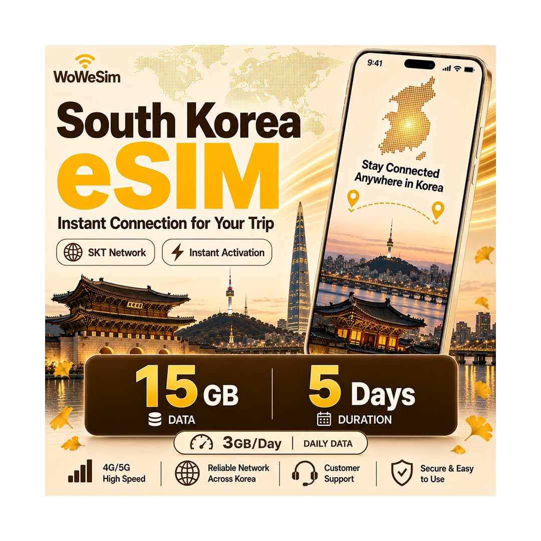 Korea eSIM 15GB 5-Day 5G LTE Hotspot No Physical SIM