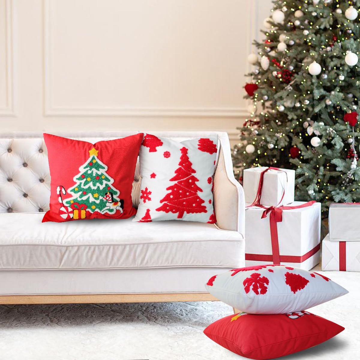 Set di 2 federe per cuscini ricamate con alberi di Natale, per divano, 45 x 45 cm, decorazione natalizia per la casa (rosso)