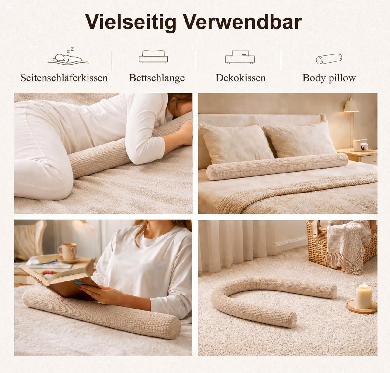 Seitenschläferkissen aus 100% Baumwolle – Body Pillow, Lange Kopfkissen Bettrolle, Nackenrolle Kissen (Eukalyptus, 400 cm)
