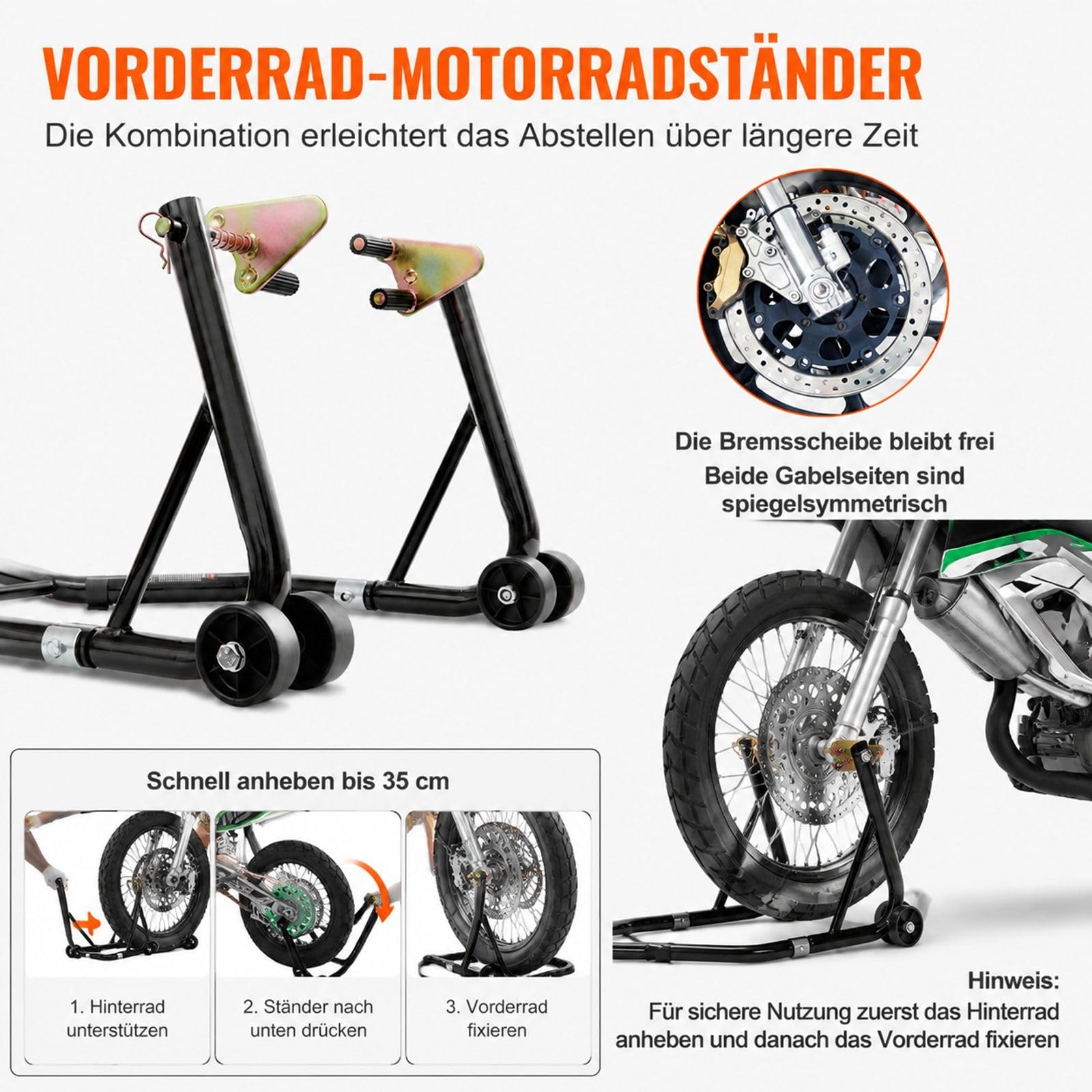 Motorrad Montageständer Set für Vorder- und Hinterrad aus Stahl mit verstellbaren Armen, U- und L-Aufnahmen für Reparatur, Wartung und Lagerung zu Hause