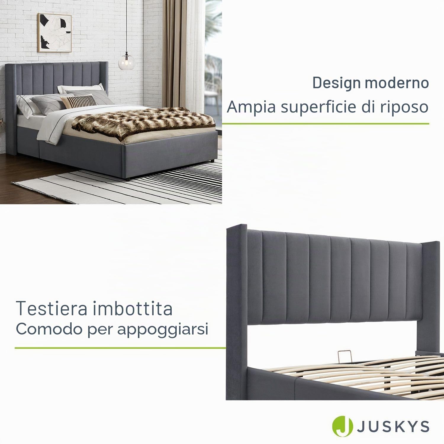 Juskys letto imbottito Savona 120x200 cm, letto con contenitore, rete a doghe, rivestimento in velluto, struttura in legno, fino a 250 kg, testiera grande, grigio scuro