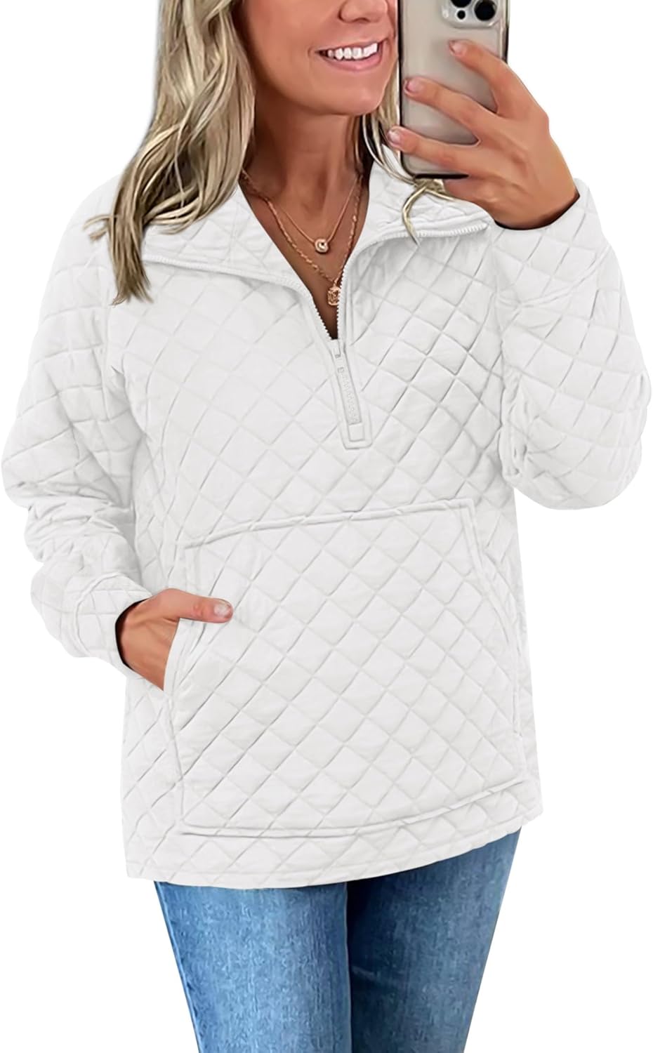 PRETTYGARDEN Women’s Winter Quilted Sweatshirt Casual Quarter Zip Collared Long Sleeve V Neck Pullover Tops