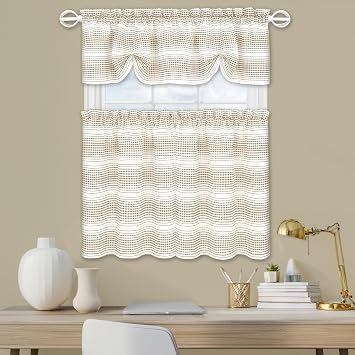 PowerSellerUSA Gramercy Horizontal Ombre 36-Inch Tier Pair & 14-Inch Valance Set Light Filtering Gradient Stripes Rod Pocket Window Panels for Kitchen, Bedroom, Living Room, Farmhouse Decor, Taupe