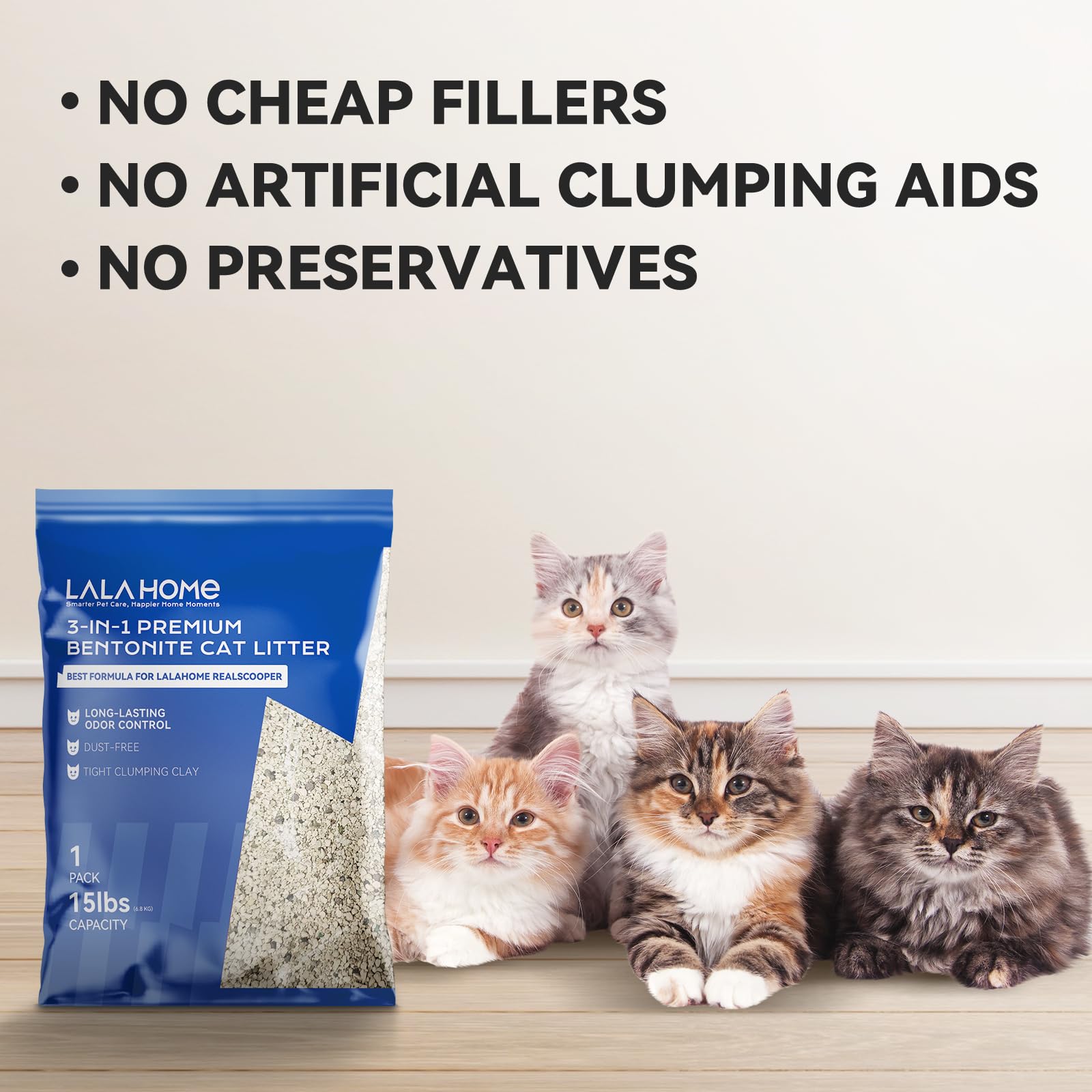 Arena para gatos de bentonita a base de sodio, sin polvo, gran durabilidad, control de olores, fórmula mineral natural, caja de 15 lb