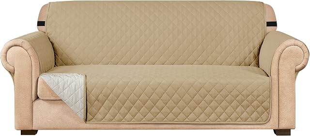 subrtex Quilted Sofa Cover Reversible Sofa Protector 3 Seaters Armchair Cover with Adjustable Elastic Straps, Side Storage Pocket (Sofa,Khaki)
